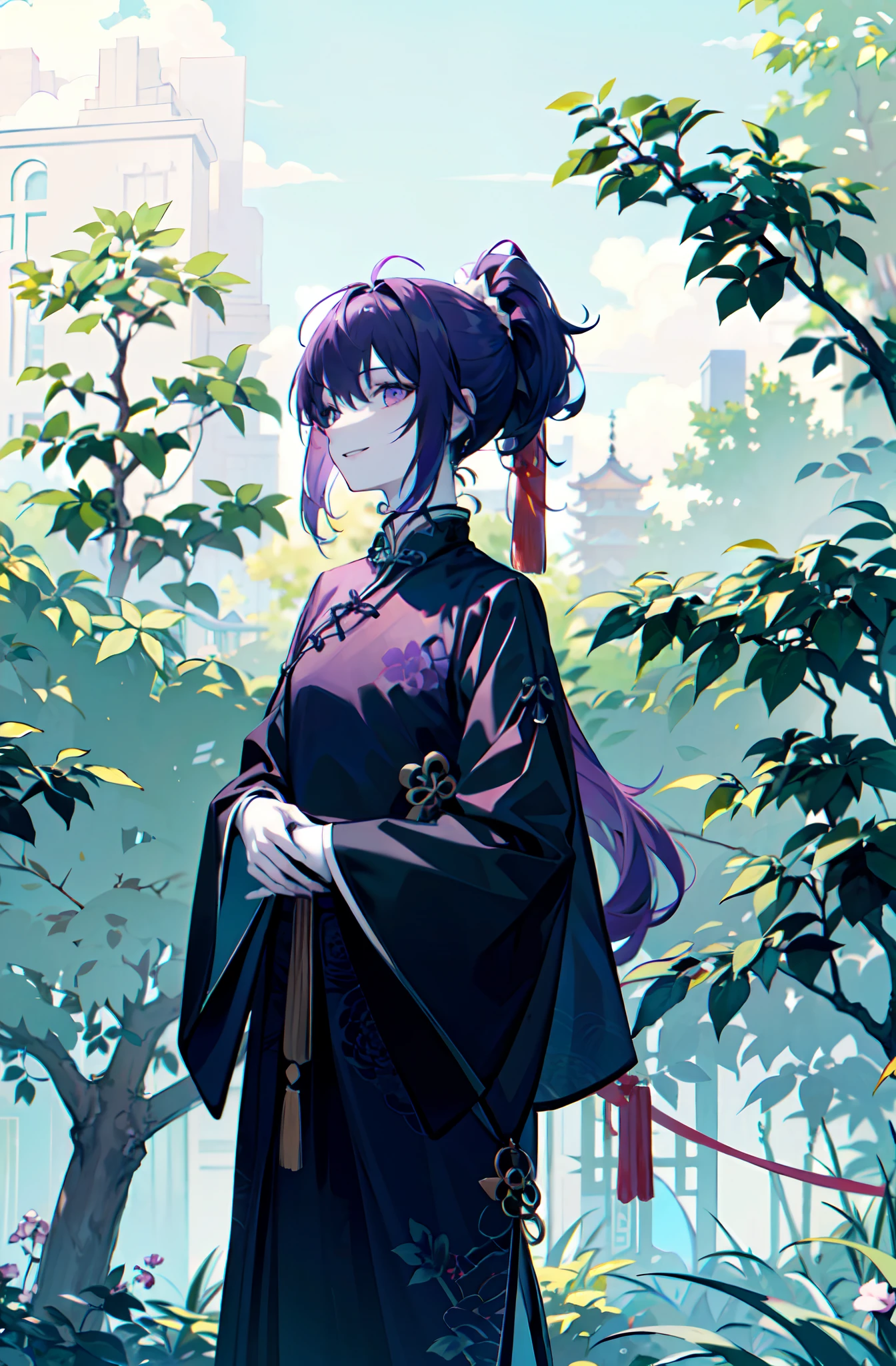 (masterpiece:1.2), (pale skin:1.2), (8k:1.2), ((solo)), (female), (ponytail), purple hair, ((black chinese dress)), smile, standing, (upper shot)