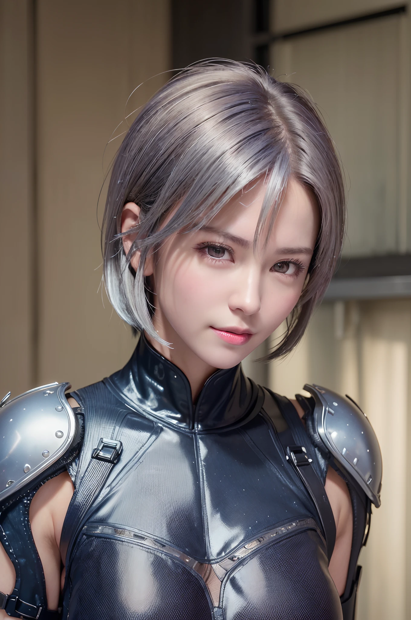 (8k, photorealistic, RAW photo, top quality: 1.4), (1girl), super beautiful, (realistic face), (boyish, silver-colored berry short hair), beautiful cyberpunk suit, glares seducing viewer, beautiful expression, beautiful breasts, (realistic skin), beautiful smile, (soldier), attractive, ultra high resolution, ultra realistic, high definition, spoiled