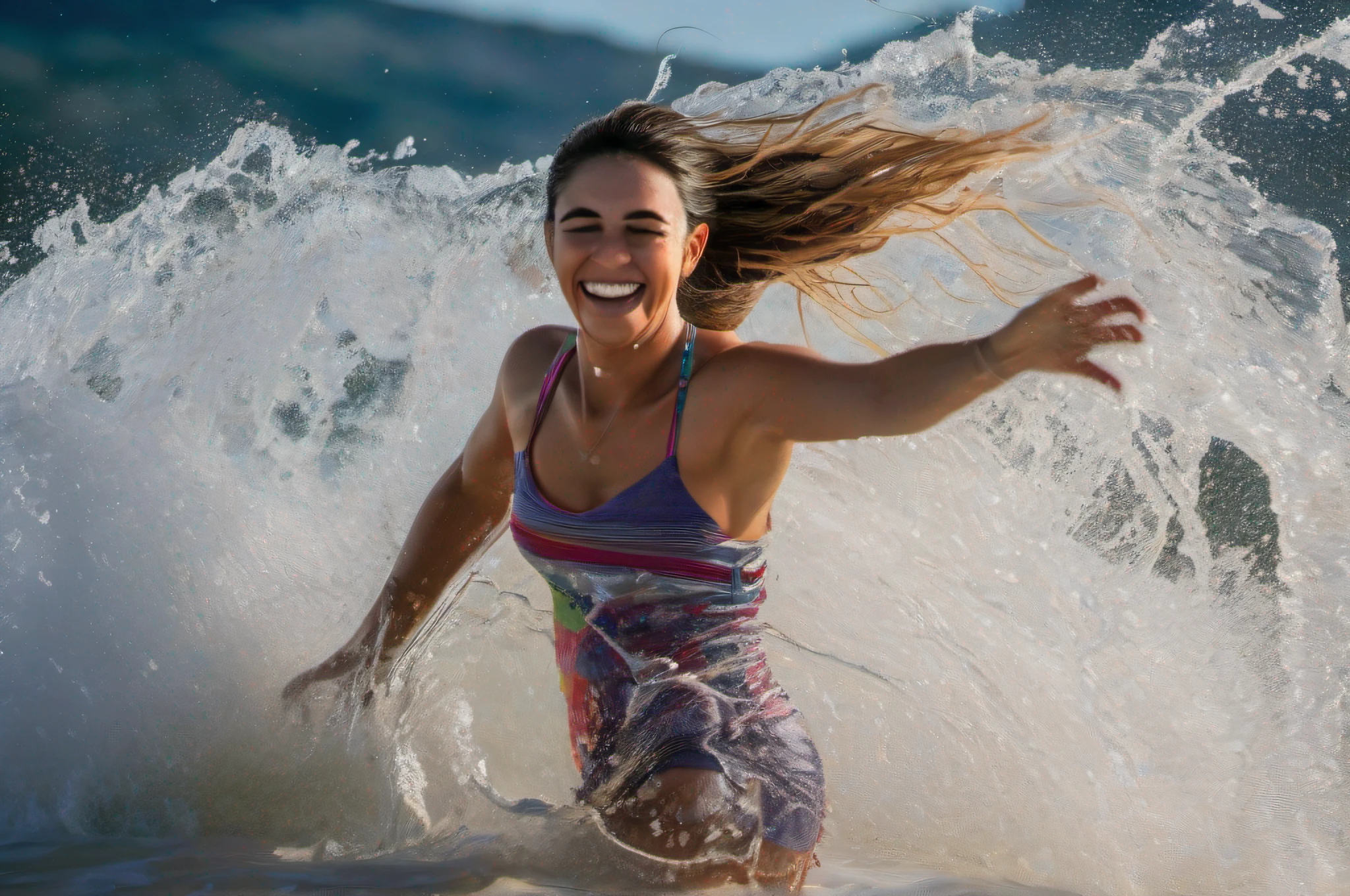 "A cheerful dancer splashing in the sea, Brazos extendidos, cuerpo completo en movimiento. Shot with a Sony a7R IV camera and a 16-35mm wide-angle lens, Uso de la luz natural para colores vivos y detalles. La imagen ultra detallada captura el pico de un salto con agua congelada en el tiempo. 3:2 Aspect ratio, Size 750px.»