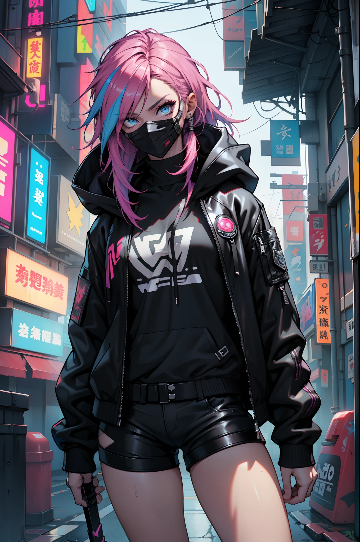 full bodyesbian、With weapons、well-groomed and clean eyes、Well-formed facial parts、With a sword、black masks+Black mask with velo out、(top-quality、8K分辨率、masterpiece:1.3)、Focus section:pussy 1.2、Perfect Body Beauty 1.4、Ass 1.2、rainbow-colored hair、colourful hair、Half Blue and Half Color Pink Hair 1.2、Chest 1.2、Wet clothes 1.1、Sateen、Street 1.3、Bando Dress 1.1、high detailed skin texture、Narrow-eyed、二重まぶた、Whitening skin、Shut Up 1.3、Black leather jacket and black leather shorts、Female cyberpunk、Cyberpunk 20 year old model girl、dreamy cyberpunk girl、Digital Cyberpunk Art、cyberpunked、Cyberpunk girl in hoodie、cyberpunk beautiful girl、Cyberpunk Girl、Cyberpunk Art、clear light blue eyes、Cleanly fixed the whites of the eyes。