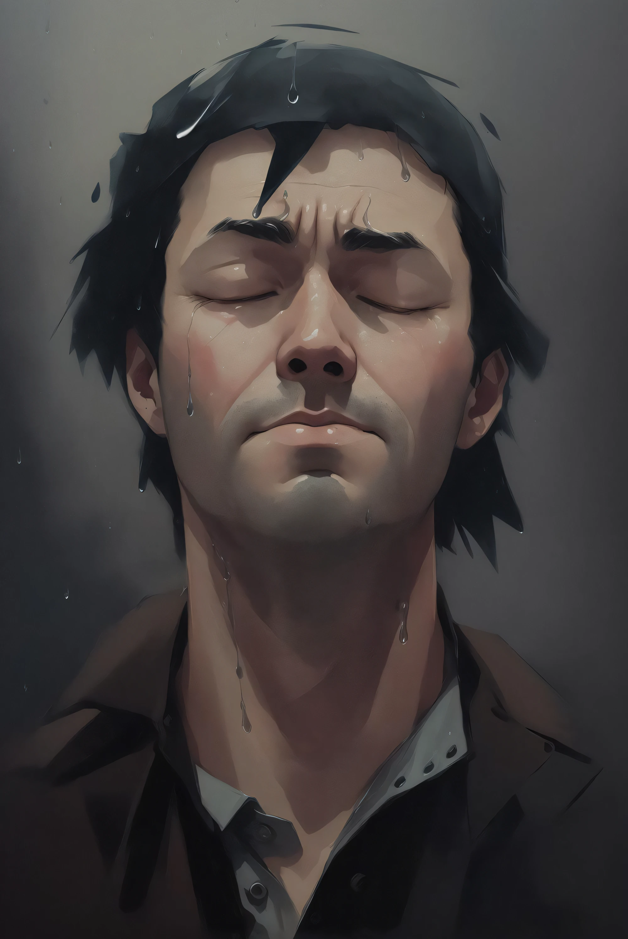 man, closed eyes, head up, by atey ghailan, heavy rain, moody, rain drops, wet,
(watercolor:0.5), (borderlands:0.4),