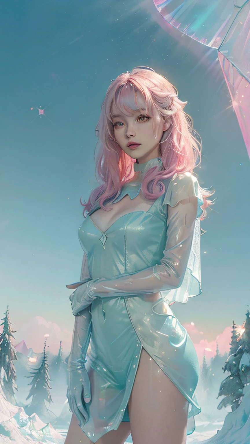 (fluorescent colors:1.4),(translucent:1.4),(retro filters:1.4), (fantasy:1.4), candy world Disney land ethereal soft fluffy soft landscape forest snowavatar Pastel pink sky green blue sparkle ethereal light pastel whimsical light rainbow stars diamonds sparkle gemstone background hyper realistic Ultra quality cinematic lighting immense detail Full hd painting Well lit,