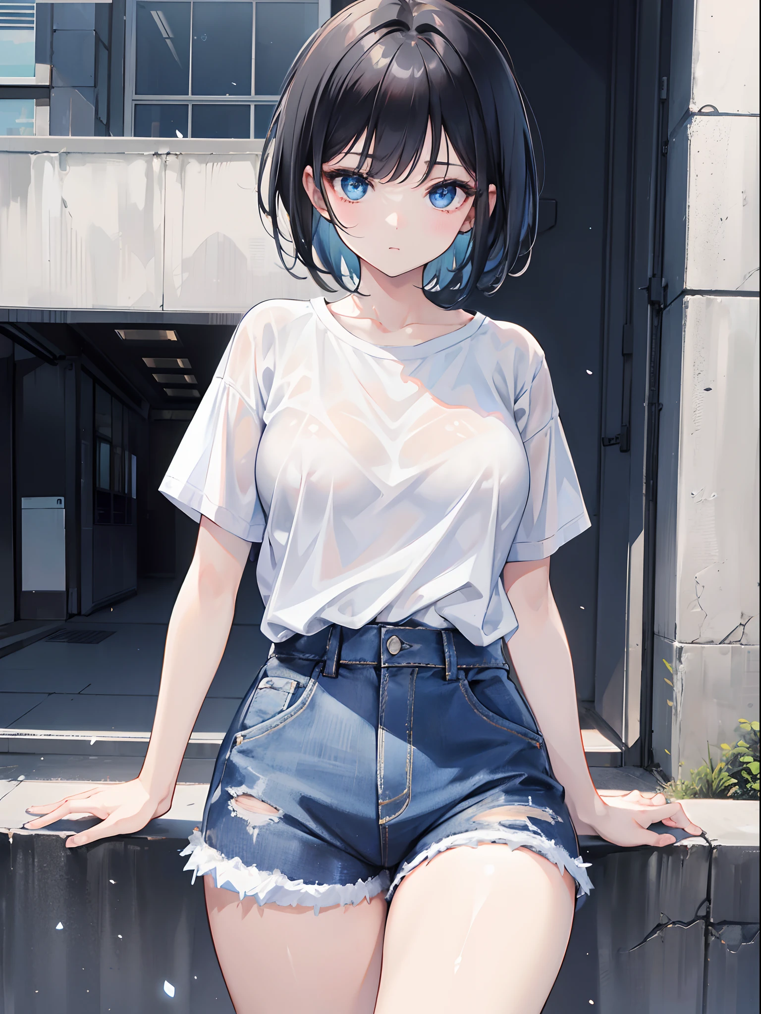 1girl, short black hair, blue eyes, wearing plain white shirt, denim shorts, city, absurdres, high res, ultrasharp, 8K, masterpiece, looking at viewer