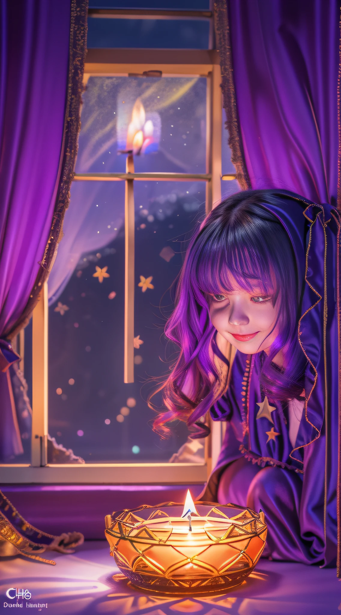 sad chibi girl in tears, sitting near a orange candle, (candle lit:1.5), room lit, (dark:1.5), masterpiece, best quality, 8k, cinematic purple light, ultra high res, chibi, 1girl, child, long hair, solo, dress, star hair ornament, star \, (symbol\), bangs, artist name, gradient, smile, closed mouth, vibrant colors, disney style, window view to outside, stars in the sky