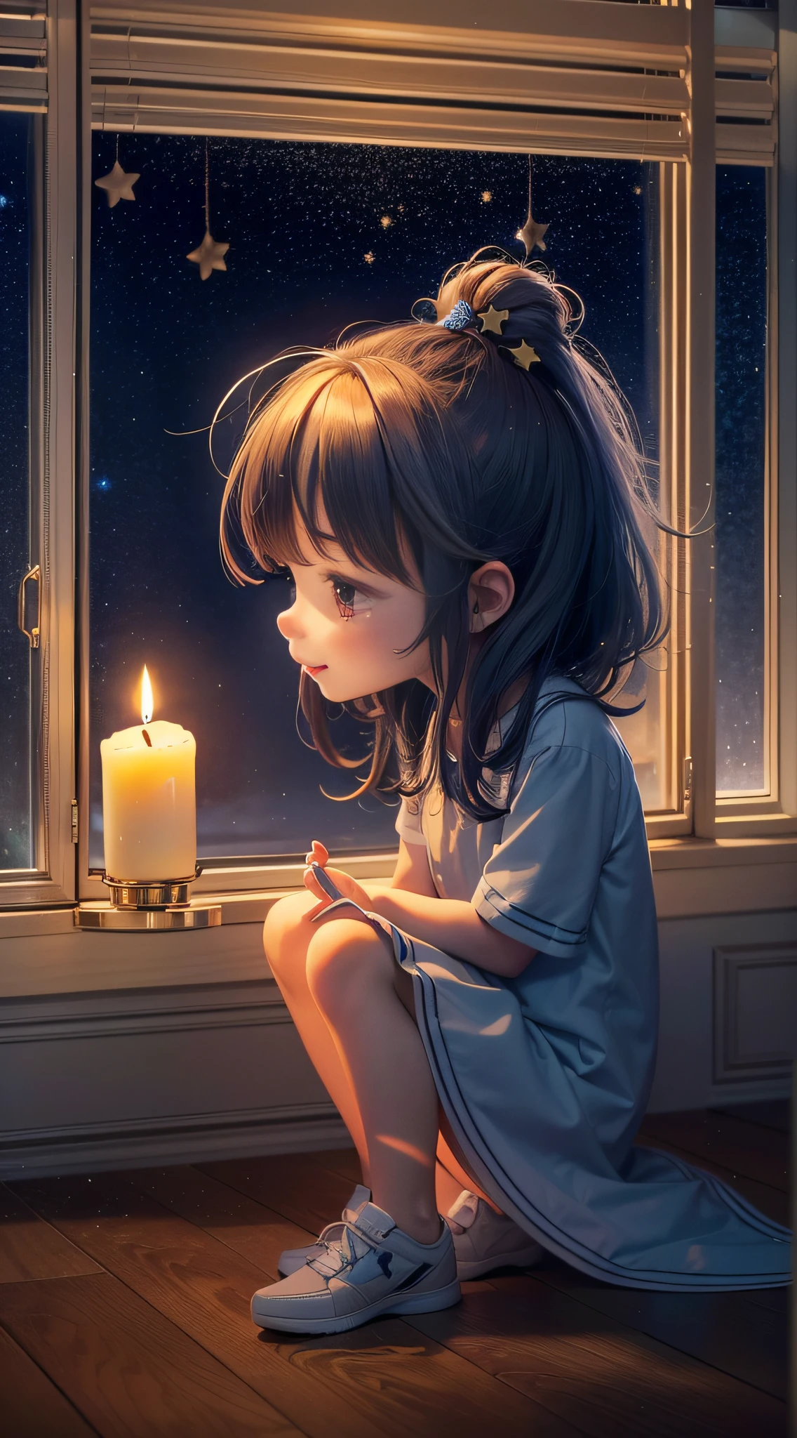 sad chibi girl in tears, sitting near a orange candle, (candle lit:1.5), room lit, (dark:1.5), masterpiece, best quality, 8k, cinematic purple light, ultra high res, chibi, 1girl, child, long hair, solo, dress, star hair ornament, star \, (symbol\), bangs, artist name, gradient, smile, closed mouth, vibrant colors, disney style, window view to outside, stars in the sky