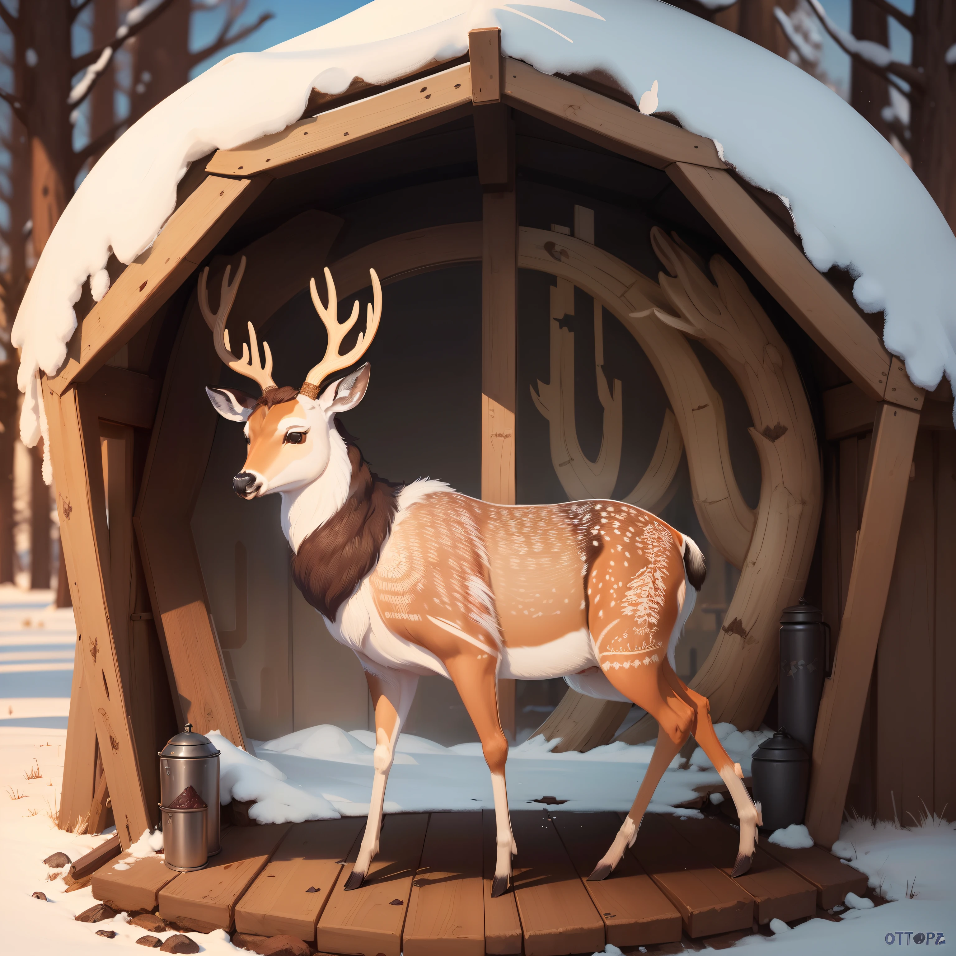 ((оторочкa+Sticker+Deer meat:1.2) in a refined style), design, Drawing of a grazing deer against the background of a yurt and a winter northern landscape