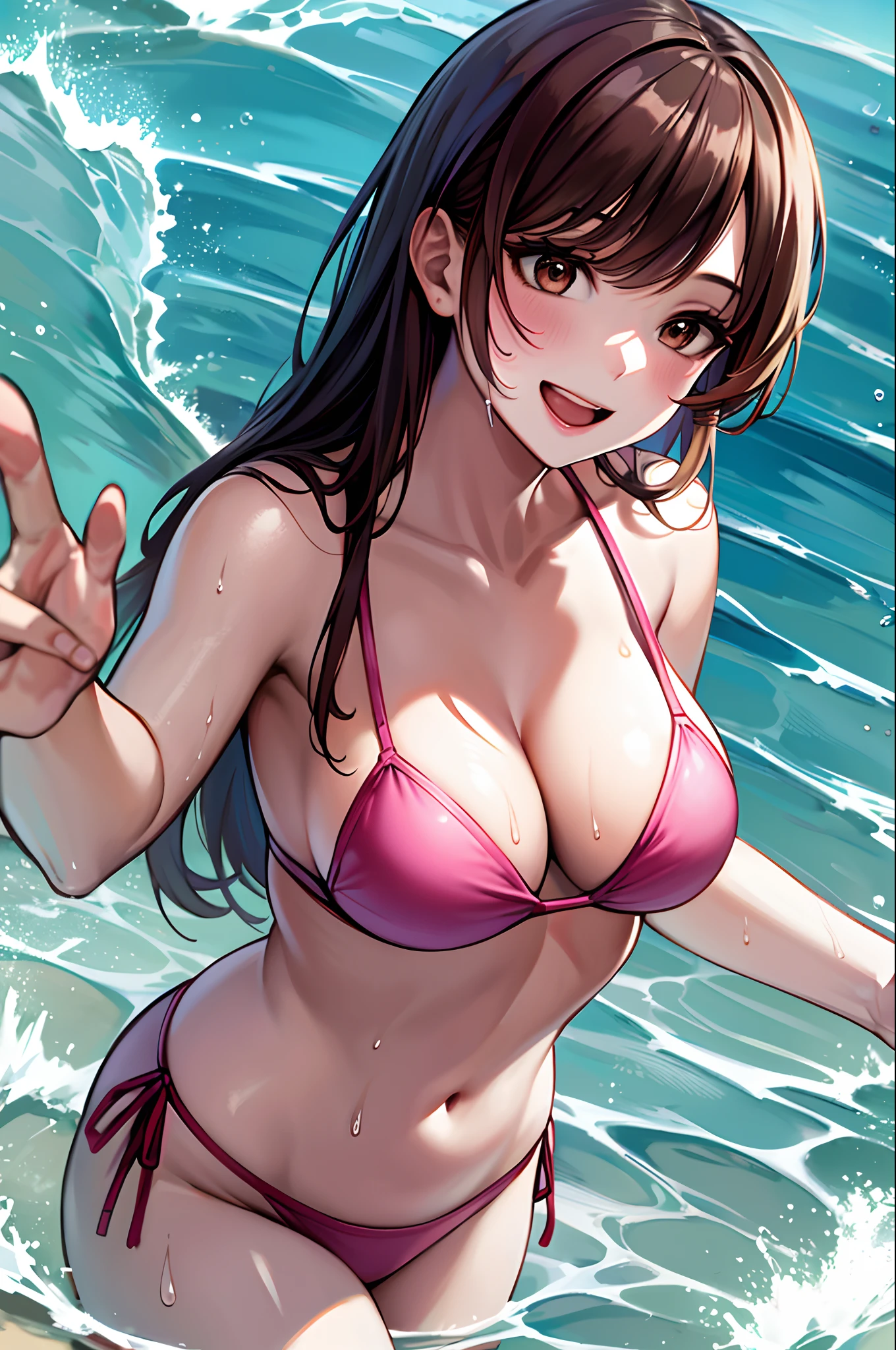 masterpiece, best quality, highres, chi1, 1girl, one_side_up, solo, bikini, navel, pink bikini, collarbone, side-tie bikini bottom, large breasts, bangs, cleavage,  beach, reaching out, smile, open mouth, wet, ocean,