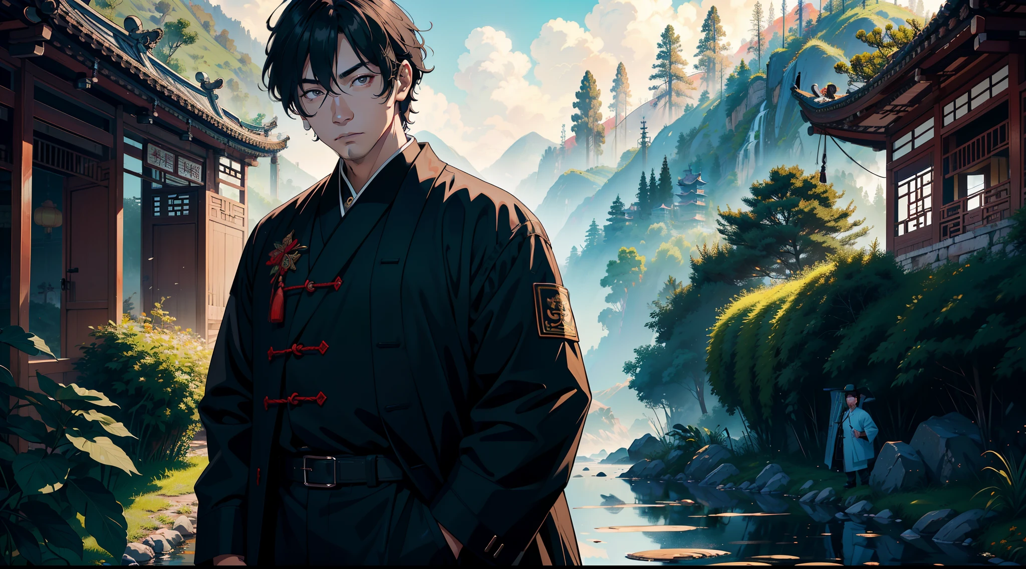 ((tmasterpiece,best qualtiy)),illustratio,Ultra-detailed 8K,Photorealsitic,Clear focus,A highly detailed,Professional lighting,Colorful detailed,(Rural China,A middle-aged uncle,Wear clothes full of patches,Black colored eyes,Black color hair),are standing