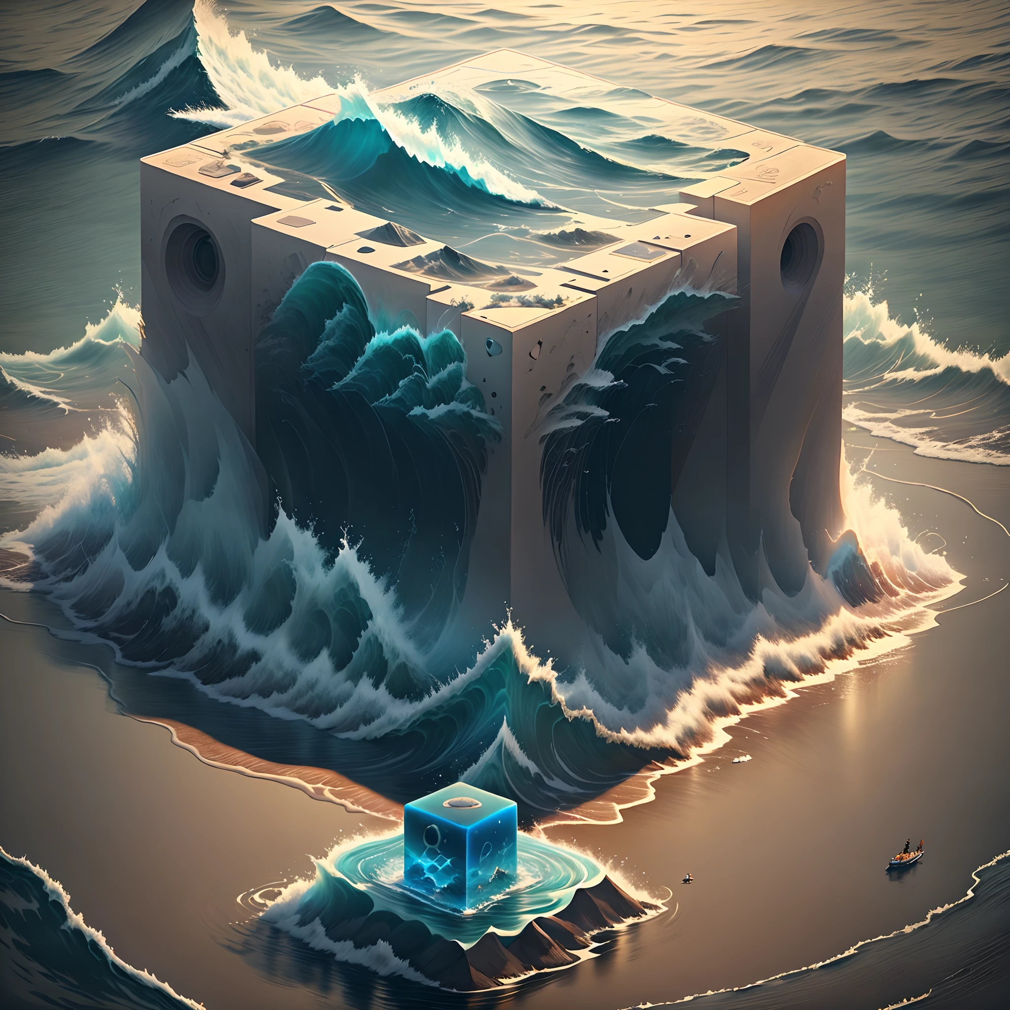 The hovering cube is placed in the center of the frame，Simple background color，There is a meaning of flat wave water，The meaning of wild land hidden or thick and thin，The whole picture is full of mystery