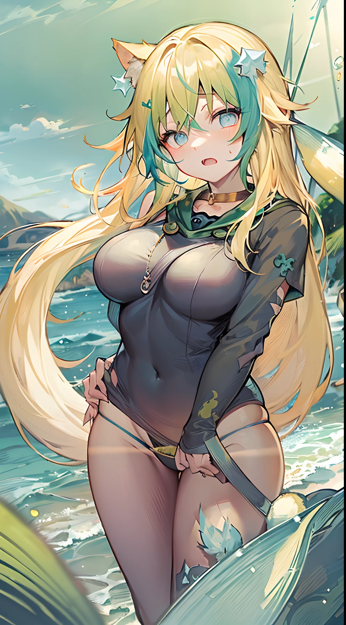 Movie angle、depth of fields、(Look at viewers)、(Right foreground:1)、(Standing photo:1)、)、 Cat Ears Girl, (独奏),Yellow head hair,(de pele branca:1), (Curvaceous:1.2), (wide hips:1.1), Cat-eared girl, (Beautiful coastal background)、(Coast background:1.4)、(Coast background:1.4)、(bare shoulders、Yellow Micro Bikini)、(Yellow T-back panties:1.2)、sharp claws、Detailed corners、Green Choker、 (poneyTail、hairs between eyes)、(Blue-haired)、Blue eyes)、(flat breast:1.2)、 deadpan、Stunned、sleepy、 wakame、wakame、wakame、wakame、wakame、wakame、wakame、