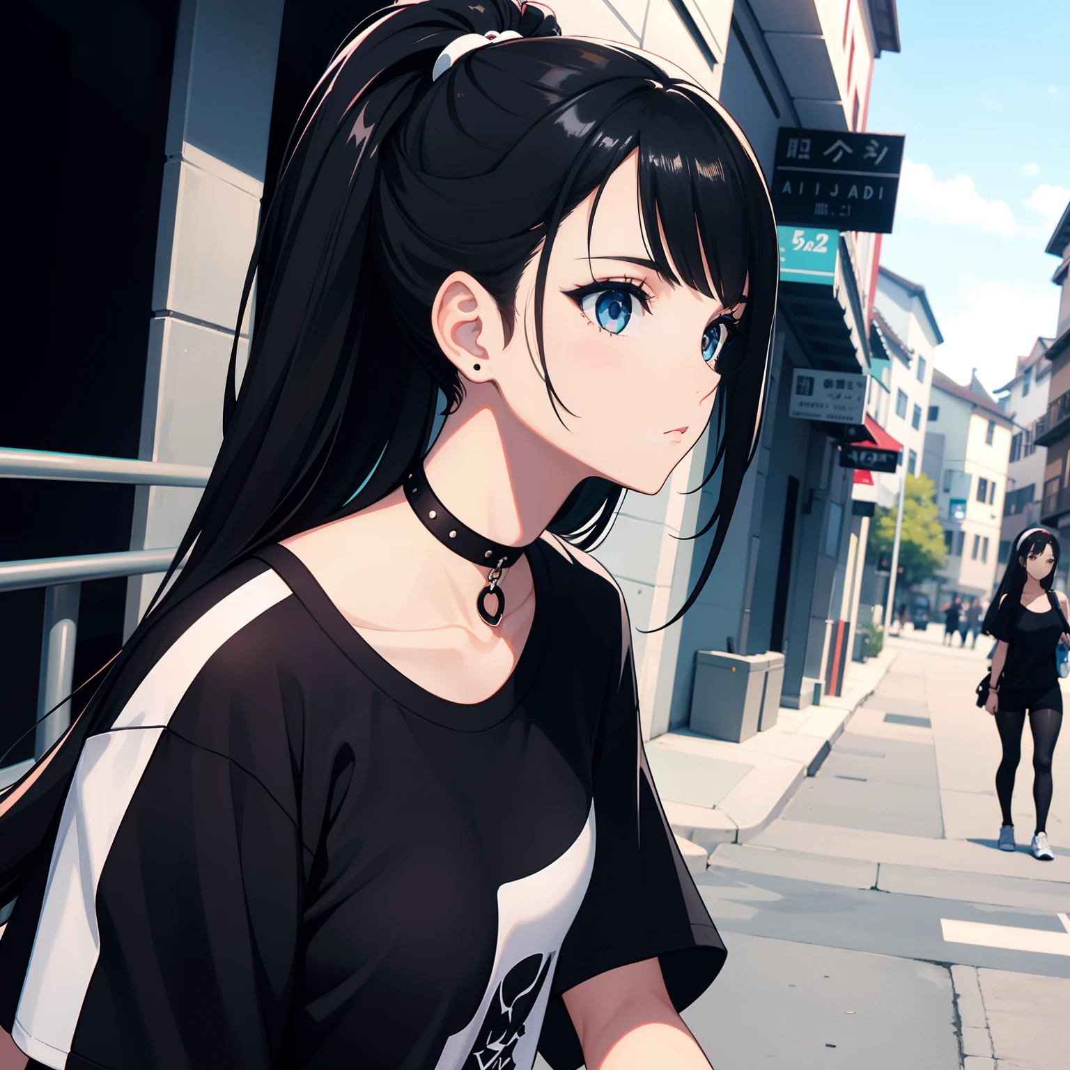 girl, side portrait, black and white,edgy accessories,sporty style, casual t-shirt, confident gaze, mo3nochrome color scheme, looking to the side, chic street fashion,head,Long Hair
