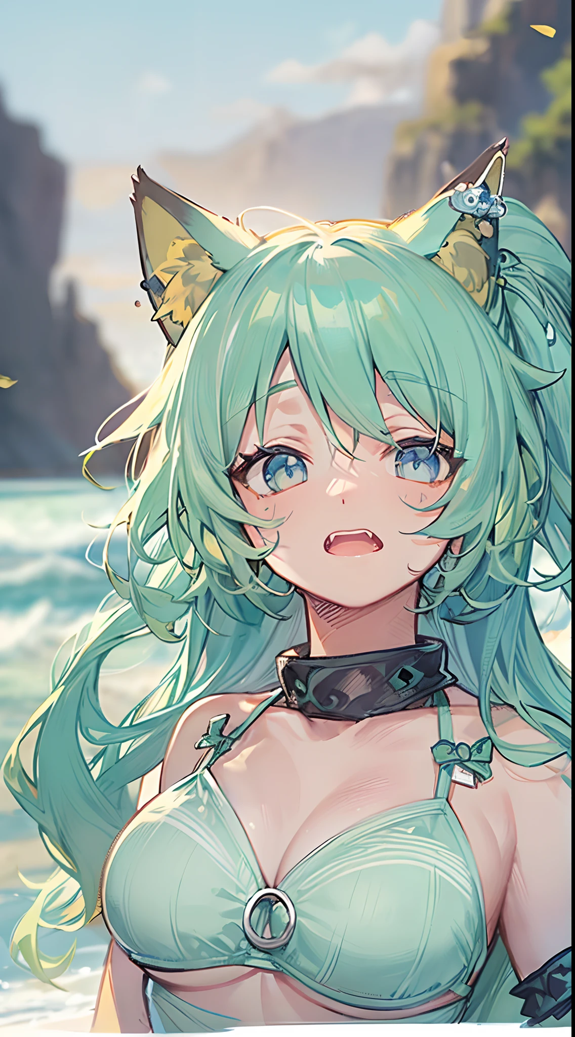 Movie angle、depth of fields、(Look at viewers)、(Right foreground:1)、(Standing photo:1)、)、 Cat Ears Girl, (独奏),Yellow head hair,(de pele branca:1), (Curvaceous:1.2), (wide  hips:1.1), Cat-eared girl, (Beautiful coastal background)、(Coast background:1.4)、(Coast background:1.4)、(bare shoulders​、Yellow Micro Bikini)、(Yellow T-back panties:1.2)、sharp claws、Detailed corners、Green Choker、 (poneyTail、hairs between eyes)、(Blue-haired)、Blue eyes)、(flat breast:1.2)、 deadpan、Stunned、sleepy、 wakame、wakame、wakame、wakame、wakame、wakame、wakame、