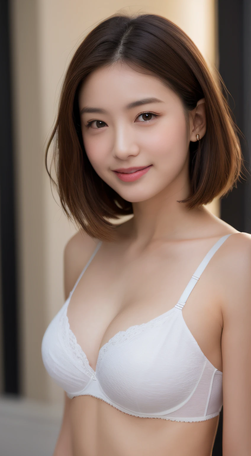 ((Best picture quality, 8K, tmasterpiece:1.3)), 1girll, Beautiful woman with slender abs:1.3, (Casual hairstyle, :1.2), Pink low-cut bra，Super large，The skin is very white，Ultra-fine face, A detailed eye, 二重まぶた，ssmile。Take pictures in cute poses，The figure is very bad，tiny small waist，Super big breasts，Close-up，Close-up chest，White-skinned，The background is casual，Close-up Shot Shot