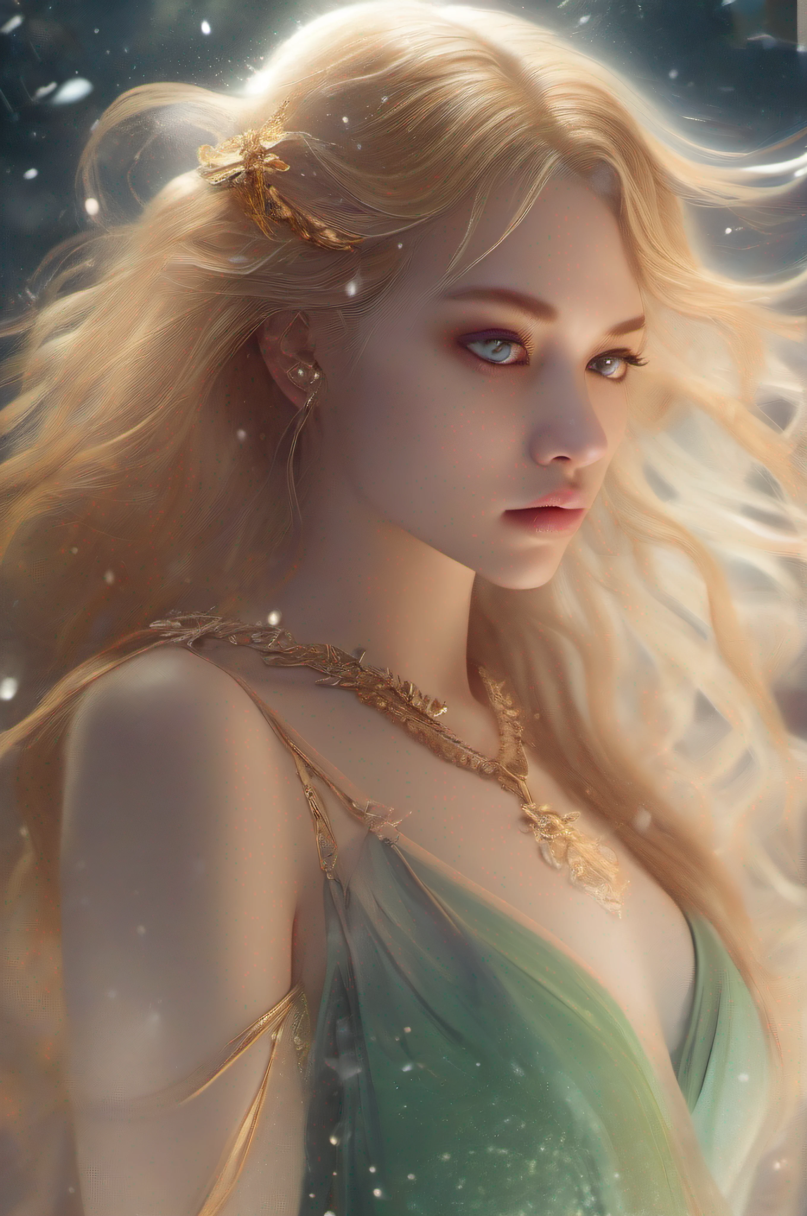 Set in a winter night with the mysterious Ice Queen、Beautiful woman in long red dress with green eyes and golden hair and golden details on background, Clear facial features, A detailed eye, Perfect Face and Perfect Body, Cinematic, Convoluted, 35mm lens, F/1.8 Enhancement Lighting, Ultra-realistic global lighting, Very beautiful., underwater scene, Ethereal, Dreamy, Pastel colors, Flowing hair, Digital Painting, Art Station, conceptual art, Soft, Sharp Focus, ArtGerm, Deviant art and art station trends