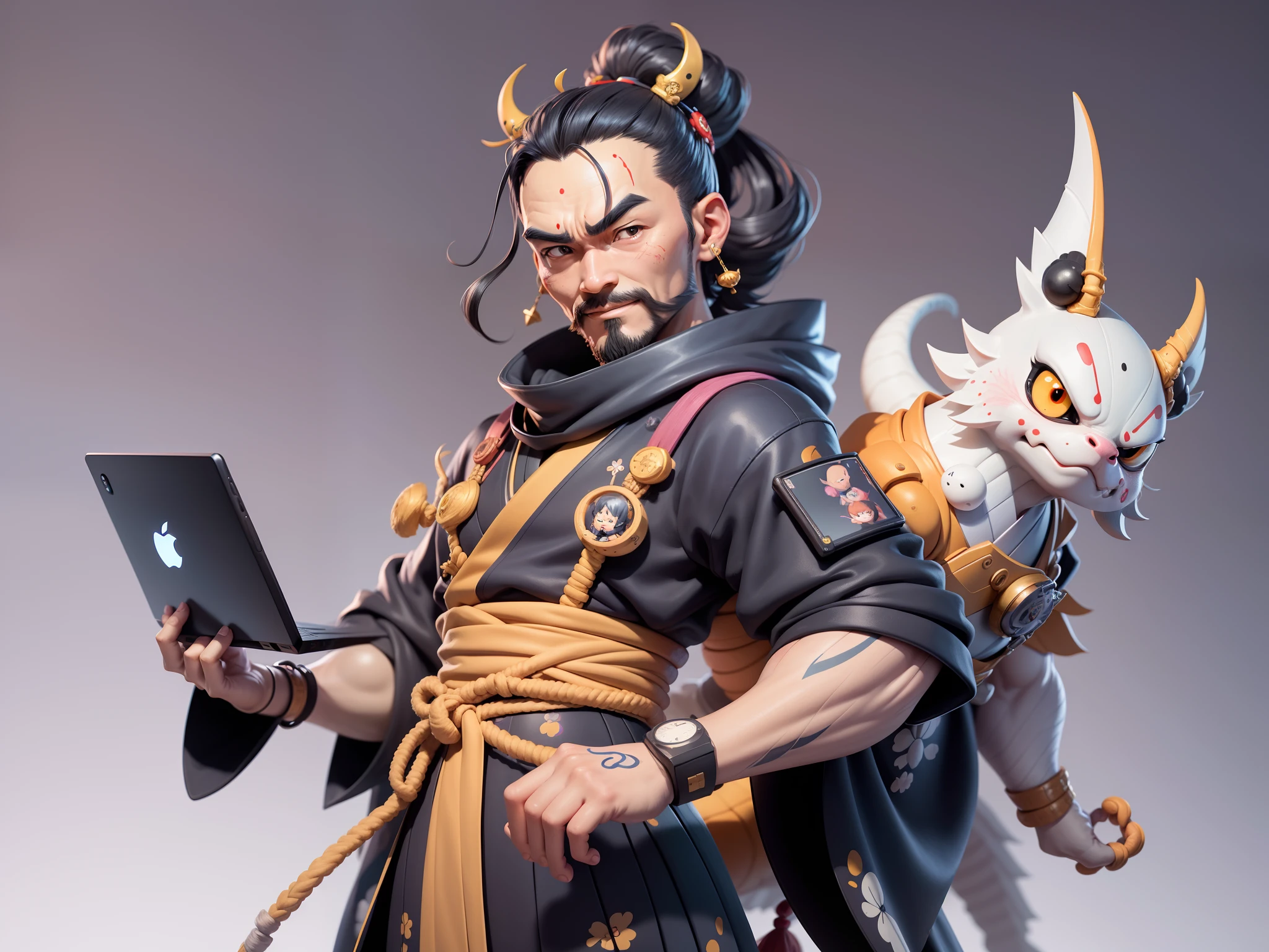 (Daisaku),(Need),(Super meticulous),(full bodyesbian:1.2),Japanese ukiyo-e girl,japanese geisha,Beautiful,Oriental dragon,Aeolian Thor,Raised sexy,爆乳,Oriental face,TV Anchor,Bust portrait illustration,Alone,In black suit,a blue tie,The face is slightly chubby,The face was clean,without a beard,Black super short hair,Black eyes,Smile confidently,3C computer sub-products,iPad, iphone,Digital painting,3D character design by Mark Clairen and Pixar and Hayao Miyazaki and Akira Toriyama,The illustration is a high-definition illustration in 4K resolution,With very detailed facial features and cartoon-style visuals。