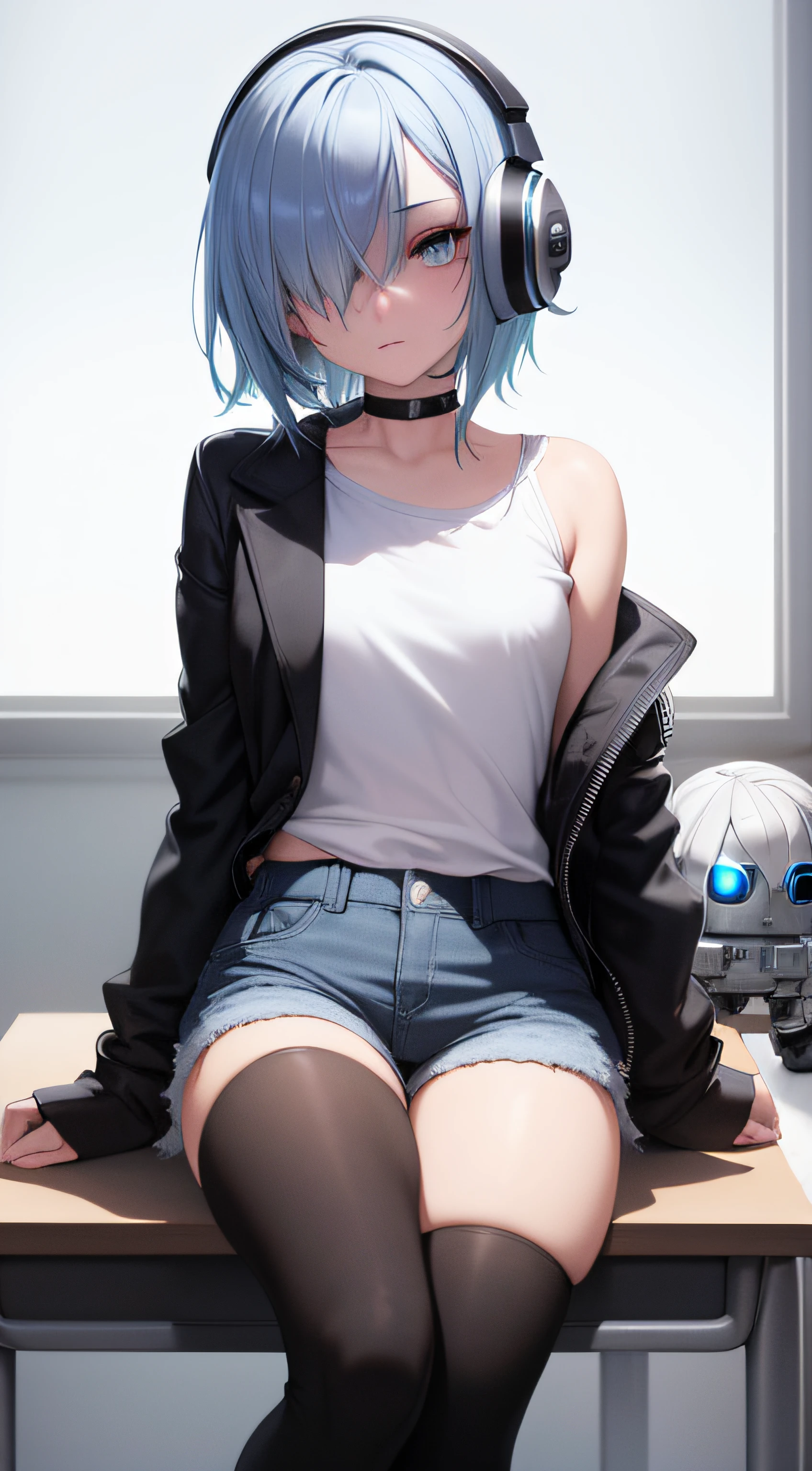 ultra-detailed, masterpiece, highest quality, 1girl, short light blue hair, dark green eyes, sidelighting, glowing eyes, backpack, high quality, best quality, headphones, white shirt, oversized shirt, straight hair, lean body, jean shorts, black thigh highs, black boots, light rays, looking to side, upper body, computer on desk, solo, robot arm, sitting at desk, small chest, robot arm, Bags under eyes, tired, choker, hair over one eye, black jacket