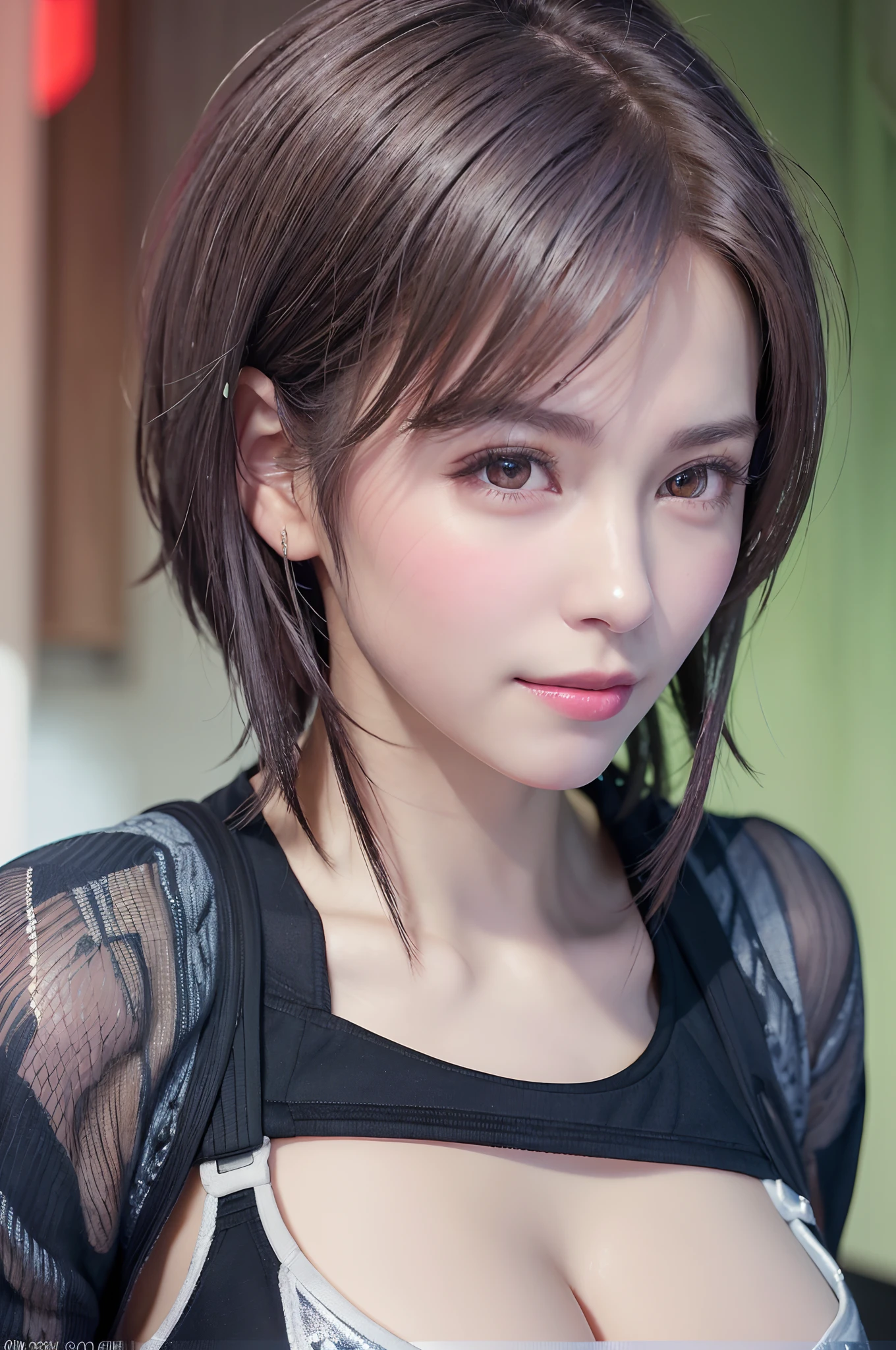 (8k, photorealistic, RAW photo, top quality: 1.4), (1girl), super beautiful, (realistic face), (boyish, silver-colored berry short hair), beautiful cyberpunk suit, glares seducing viewer, beautiful expression, beautiful breasts, (realistic skin), beautiful smile, (soldier), attractive, ultra high resolution, ultra realistic, high definition, spoiled