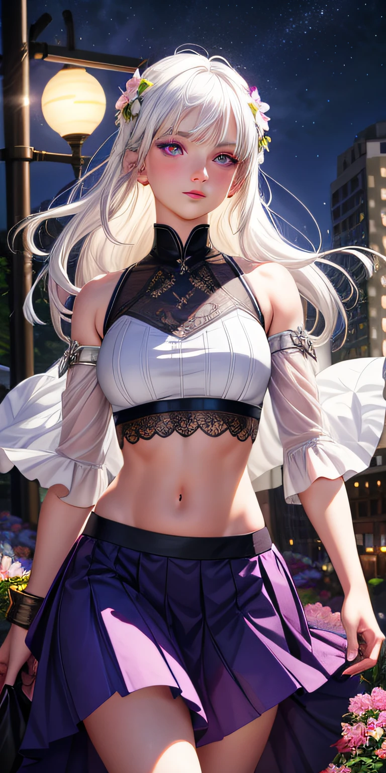 realistic, 1girl, white hair, purple eyes, glowing eyes, crop top, skirt, parted lips, blush, night, flowers, sun, sunlight,