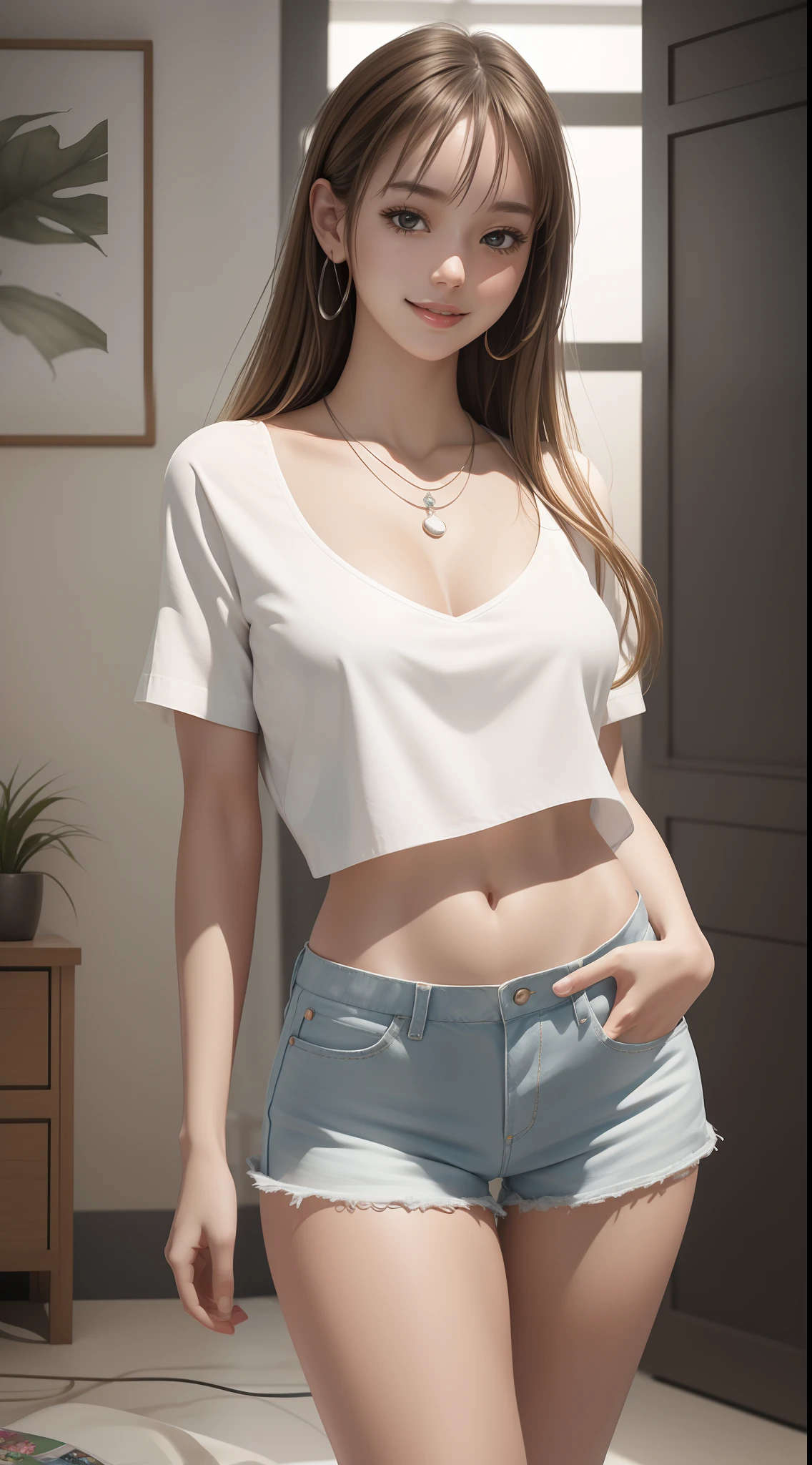 (Ultra Realistic), (Illustration), (Increased Resolution), (8K), (Extremely Detailed), (Best Illustration), beautiful and cute girl with white and smooth skin, wearing a white short shirt Visible navel, and wearing shorts, wearing shoes, Smiling face, Korean girl, Wear accessories necklace bracelet ring, graceful, high quality picture, UHD HDR, realistic.