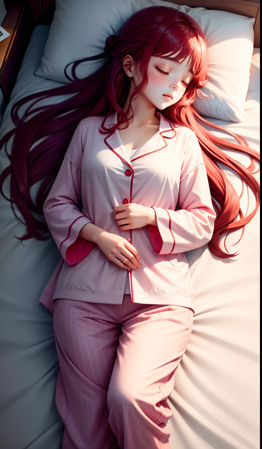 Sleeping girl，realisticlying，She wore long trousers，Wearing pink pajamas，red tinted hair。