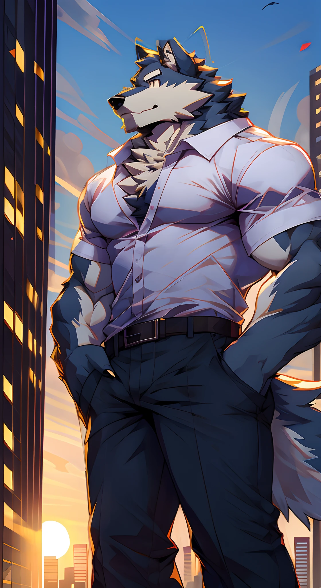 the setting sun，High-quality shadows，an anthro wolf，Stand on a tall building，Admiring，sideface，Side Body，chest muscle，lean and thin，Capable，Loose and complete plain white short sleeves，adolable，Adults，furry wolf,A high resolution, angle of view，anthropomorphic wolf male,Bustling city background，Solo，quadratic element，professional furry drawing