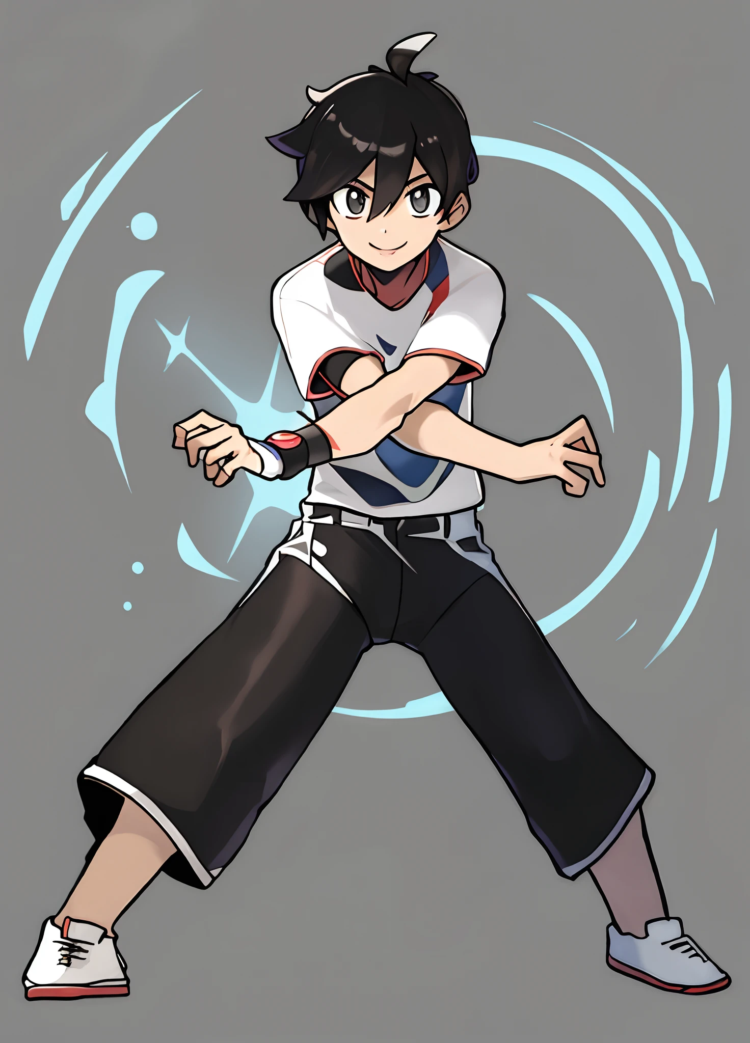 sugimori ken \(Style\), Black hair,White gym clothes,Black shorts,White sneakers,white backgrounid,view the viewer, Nintendo, offcial art, Pokemon, Pokemon \(gaming console\), Pokemon SWSH, Light smile, sugimori ken, tart \(Illustrator\), Thighs, Stand next to Pokemon \(organism\)