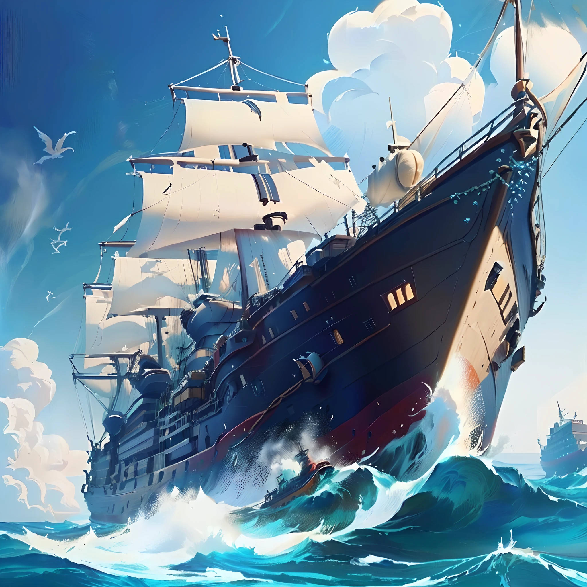 painting of a ship in the ocean with birds flying around, sea of thieves style, Arte digital altamente detalhada em 4k, paper awesome wallpaper, 4K HD papel de parede ilustrativo, Antecedentes navais, 4 k hd wallpaper illustration, painted in high resolution, Arte digital detalhada em 4k, navios com velas por baixo, navio no mar, Directed by: Daniel Ljunggren, arte oficial altamente detalhada