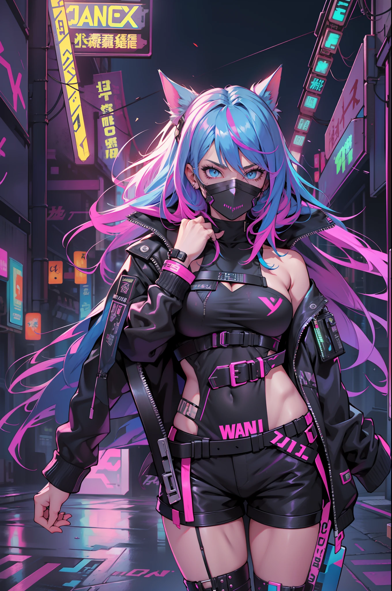 full body Esbian、With weapons、well-groomed and clean eyes、Well-formed facial parts、With a sword、black masks+Black mask with veloout、(top-quality、8K分辨率、masterpiece:1.3)、Focus Section: 1.2、Perfect Body Beauty 1.4、Ass 1.2、rainbow-colored hair、colourful hair、Half Blue and Half Color Pink Hair 1.2、Chest 1.2、Wet clothes 1.1、Sateen、Street 1.3、Bando Dress 1.1、high detailed skin texture、Narrow-eyed、二重まぶた、Whitening skin、Shutdown 1.3、Black leather jacket and black leather shorts、Female cyberpunk、Cyberpunk 20-year-old model girl、dreamy cyberpunk girl、Digital Cyberpunk Art、cyberpunked、Cyberpunk girl in hoodie、cyberpunk beautiful girl、Cyberpunk Girl、Cyberpunk Art、clear light blue eyes、Cleanly fixes the whites of the eyes。
