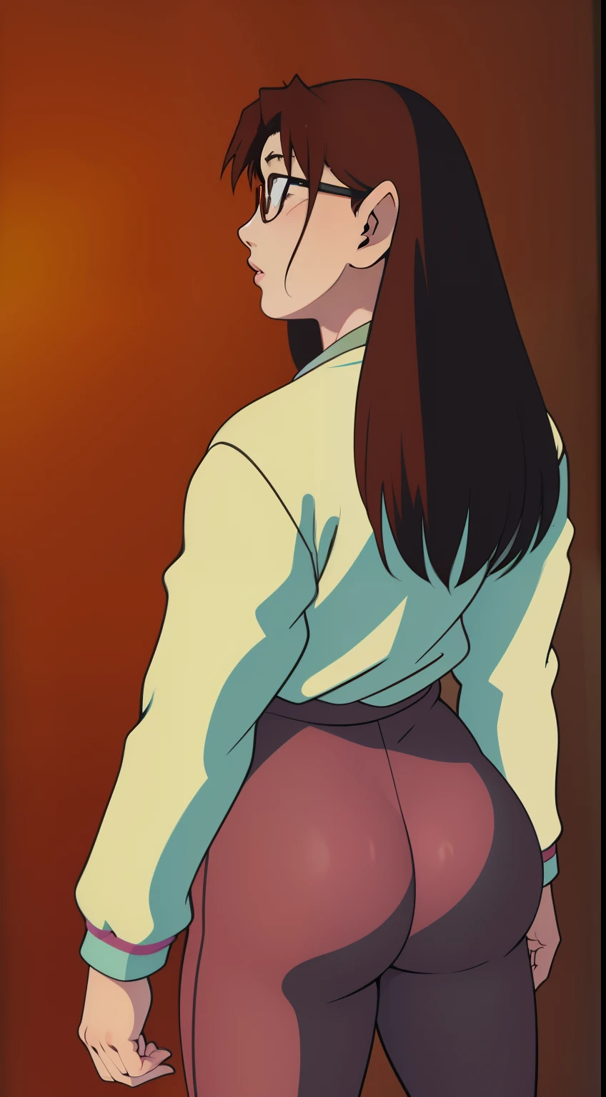 Koyomi mizuhara, glasses, brown hair, long hair, medium , sports Long sleeved Jersey shirt, medium bubble butt, b leggings, back of view, Wallpaper, luscious lips, 90’s, vintage, high quality, kinky gestu