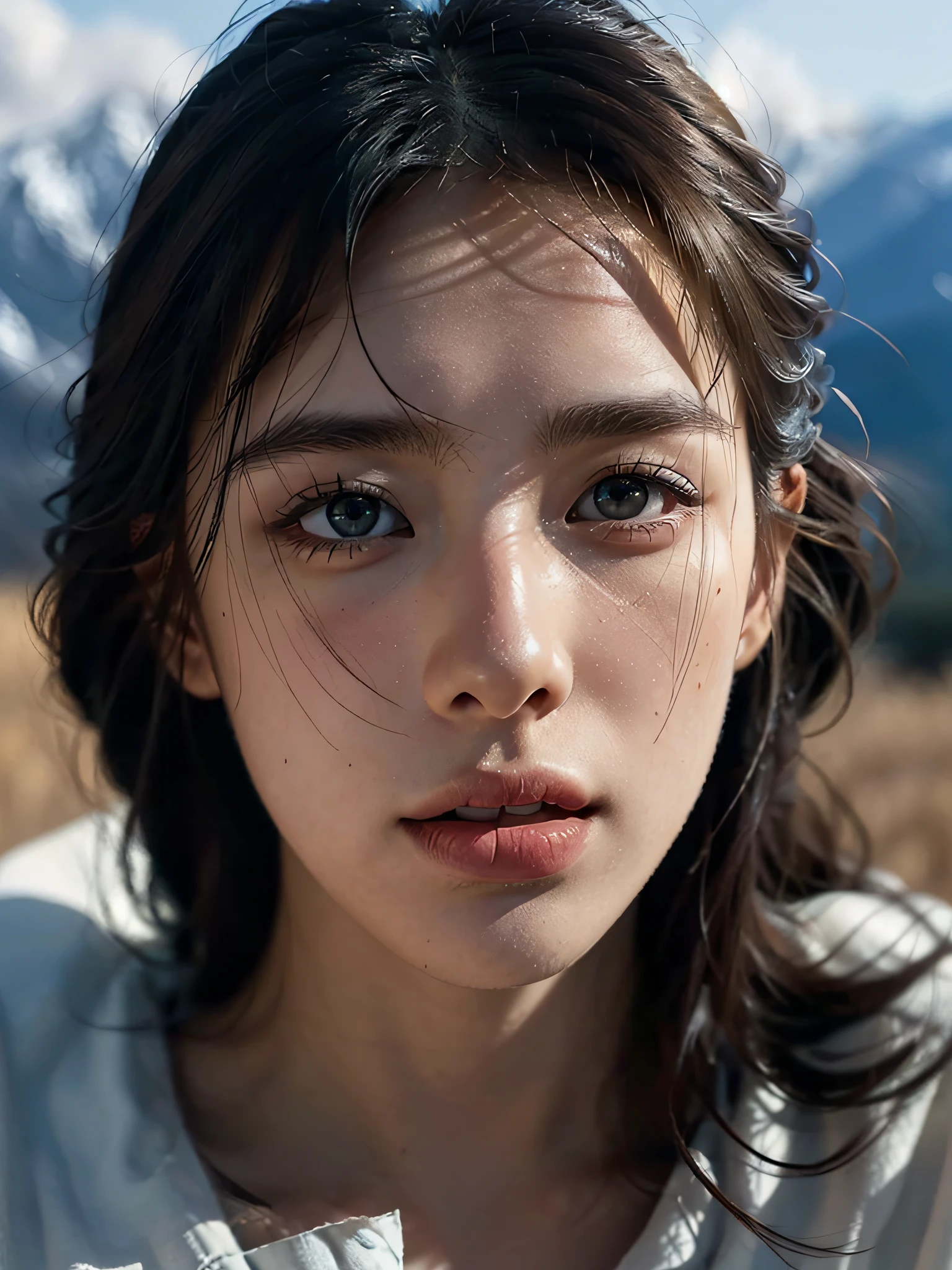 ((Pure beauty:0.8+ultra-realistic realism:1.2),White skin texture:1.2,eyes with brightness:1.1),lightand shade contrast:1.1,high textured:1.1,Picture quality:Ultra HD:1.3,The upper part of the body,tall nose bridge,dynamic angle,Clouds and mountains,Flower field in the foreground,Light tracing,realisticlying,offcial art,Unity 8k壁纸,ultra - detailed,Beautiful and beautiful,tmasterpiece,best qualityer,Glowing skin,cinmatic lighting。