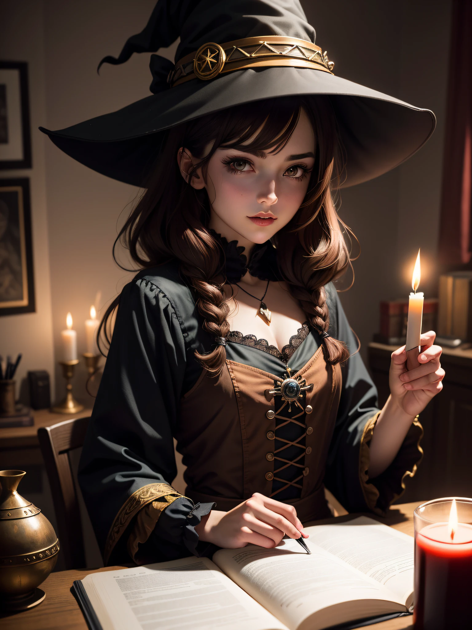 witch girl waifu portrait, evil, sly, witch hat, spell book on table, light from a candle, magic, dark bedroom, brown hair, dark bed, Middle Ages, light from a candle, warm colors, warm light, dim light, dark portrait, anime style, Pretty girl, perfect anatomy, centered, highly detailed, character sheet, artstation, concept art, smooth, sharp focus, illustration, cinematic lighting