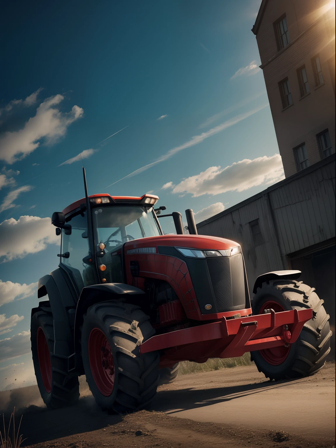 A Dramatic tractors as a Spiderman, cinematic as computers, extreem realistic, extreem detailed, extreem Sharp, wide angle shot