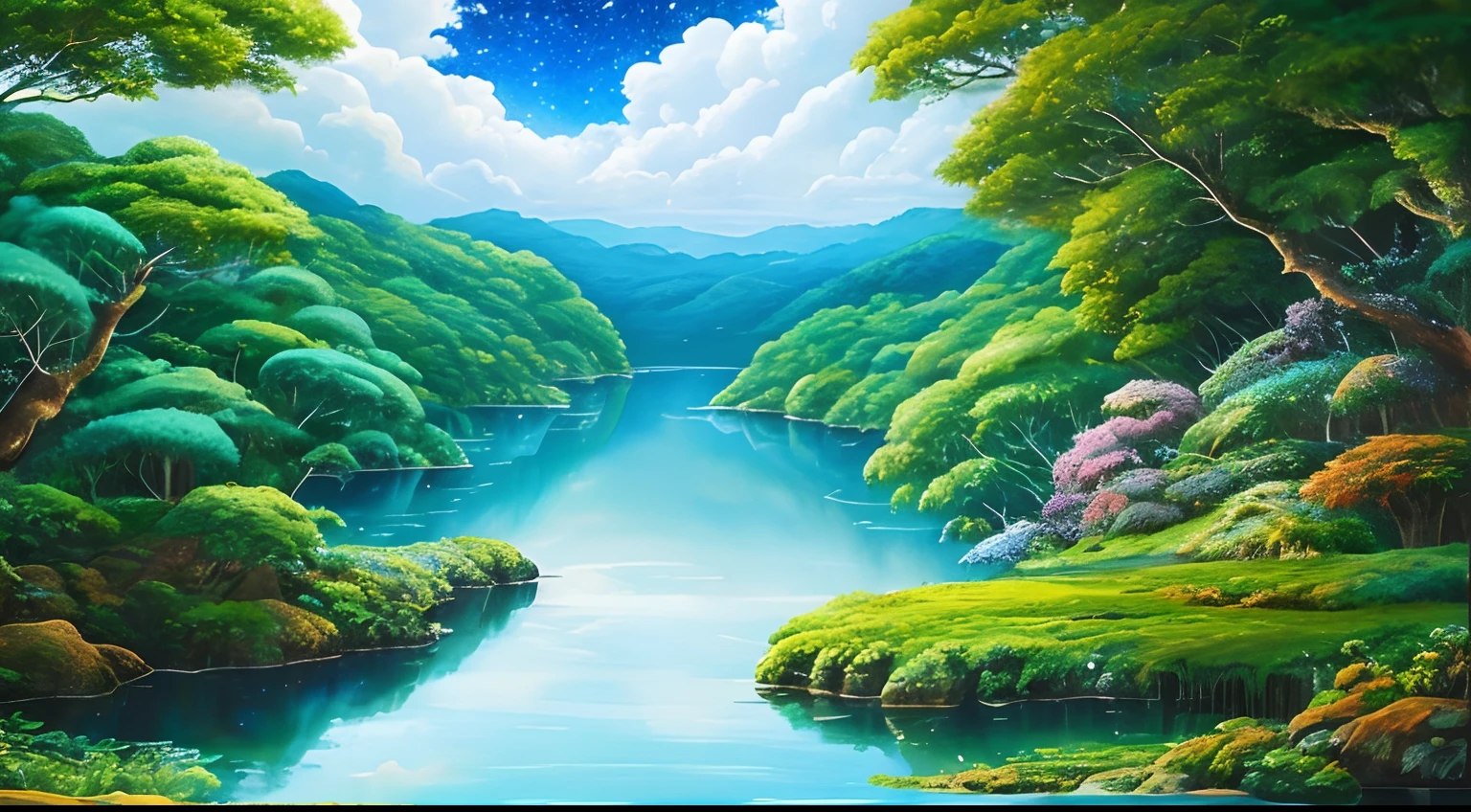 Amazon rainforest Illustration of a scene style snimation disney, de outro mundo, Ultrasky with full body of a giant crystal tree, Very detailed and magical lighting, detalhes intrincados da floresta, vegetation and river around, solarpunk, paisagem, giant tree, beautiful leaves with beautiful lighting and realistic proportions, as if it were a cinematic background, 8k, max quality, obra-prima, Clouds and stars in the sky.landscape oil painting Studio Ghibli Hayao Miyazaki