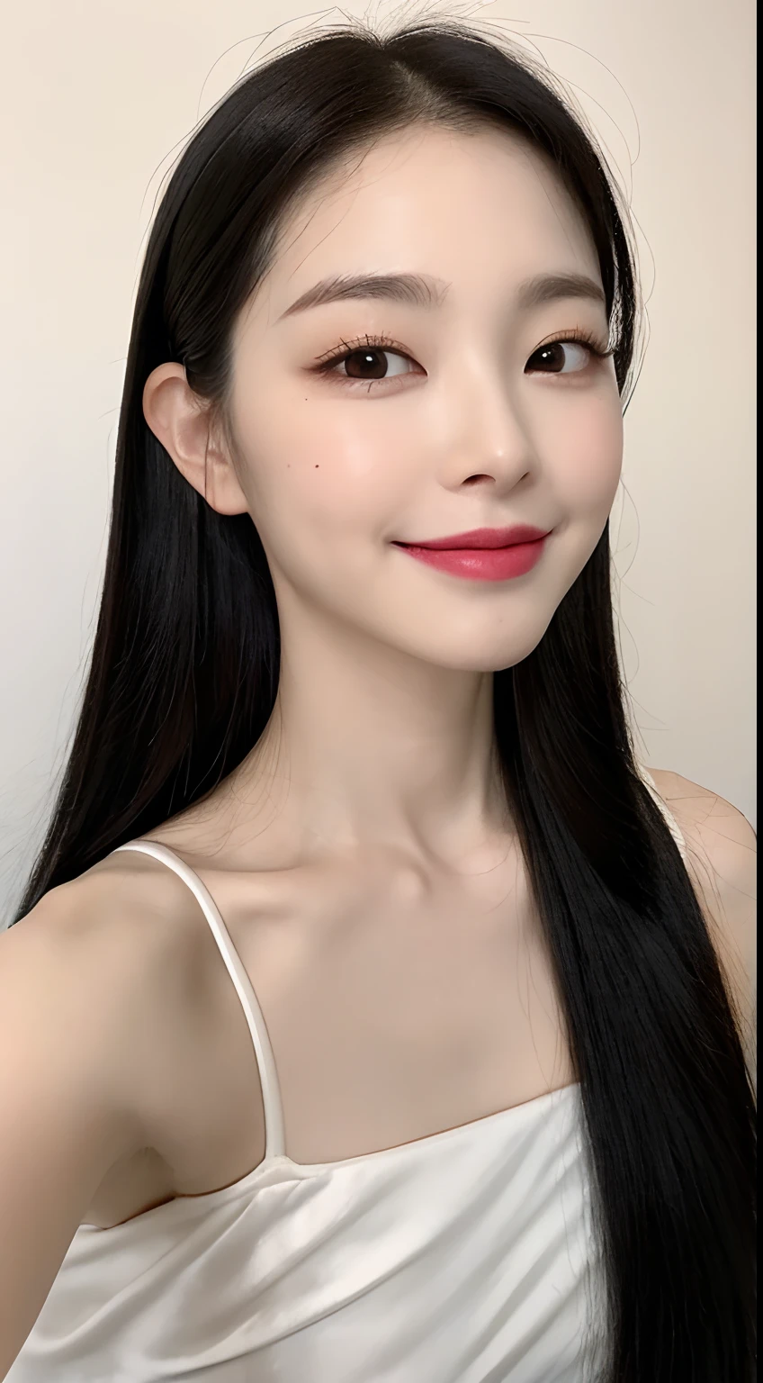 ((masterpiece, top quality, high definition)), 1 girl, (photorealistic: 1.4), solo, white background, snow-white background, mouth closed, happy smile, happy smile, pretty black hair,(black silky long straight hair, long hair flowing over the shoulders:1.3), big eyes, clear double eyelids, eyelashes, ears out, long neck, long neck, absolute area, ((face close-up)), (drawing all head, shoulders), 19 years old, Attractive proportions, shiny skin, clean collarbone, golden ratio face, perfect face, teardrop mole, mole on chest, beautiful bangs, lip gloss, thin lips, fair skin, naked, big breasts, small face, small face, head all drawn, shoulders all drawn, staring at the camera slightly above??