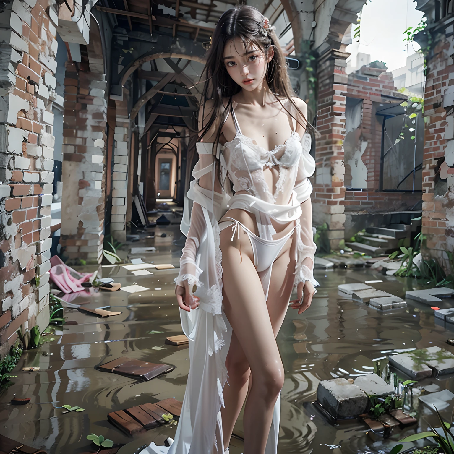 abandoned ruins，best qualtiy，Random white sexy lingerie and panties，full-body portraits（1：1），18 years old girls，Slender and slender figure，Skinny，As thin as a whipping post，Smaller bust，The barefoot，Leaky ，Leakage of all breasts，Naked all over the body，Wearing a naked