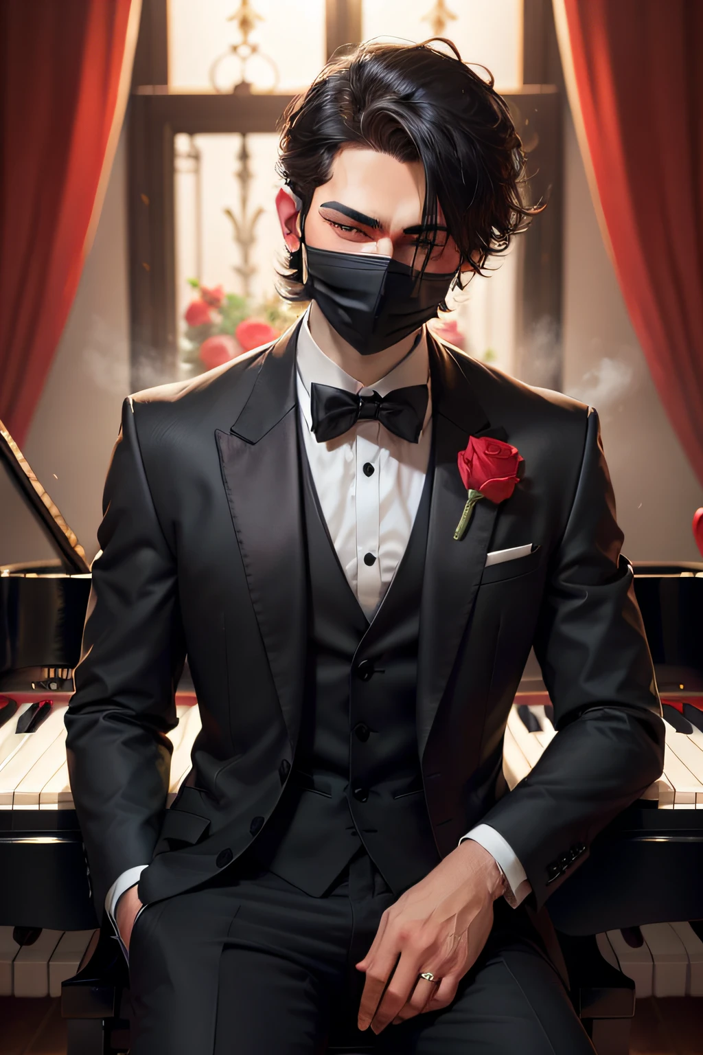 man playing the piano with black tuxedo on his mouth and black mask covering his face and red rose in his left pocket