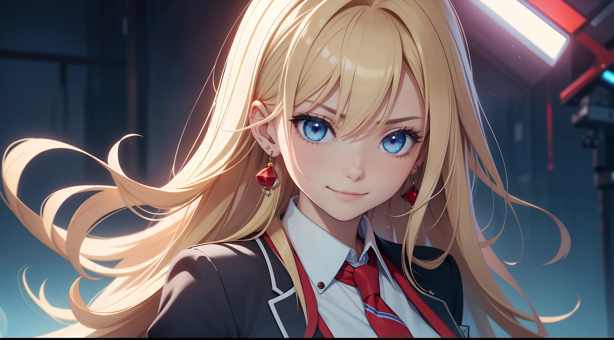 1girl, Marin Kitagawa, long hair, blonde hair, red bright eyes, red iris, ear piercing, stud earrings, blue necktie, loose necktie, school uniform, white collared shirt, (blue skirt:1.1), pleated skirt, plaid skirt, bead bracelet, wrist scrunchie, long fingernails, grin, smile, gyaru, (masterpiece:1.2), highres, best quality, very clear, perfect body, focus on face, ((ultra realistic eyes)) ((detailed face)), DSLR photography, sharp focus, Unreal Engine 5, Octane Render, Redshift, ((cinematic lighting)), ISO 200, 8K, RAW, unedited, symmetrical balance, in-frame, symmetrical face, symmetrical body, symmetric hands