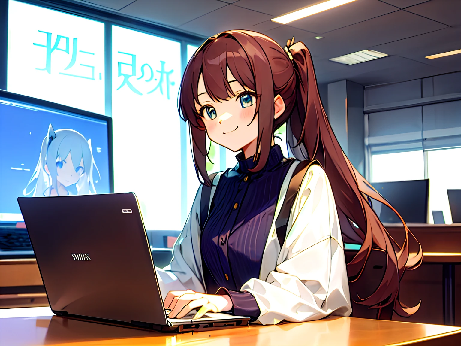 s Office、Adult woman in anime using laptop((Using a laptop on the table))、25-years old、Upper body, mid-shot, femele, Detailed eyes, ((Beautiful woman using laptop)), ,Semi-long hair, Brown hair,poneyTail、 Bangs,Everyday clothes、Clothes without a collar、Fashionable、Long sleeves,、frontage、 A slight smil、A smile