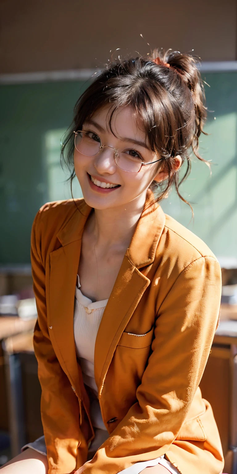 ((8K、Raw photography、top-quality、masterpiece)、high definition RAW color photos professional close-up photos、((Brown hair Quirky short hair))、((Red round glasses))、(realisitic、photorealisim:1.37)、(top-quality)、(Best Shadows)、(The best illustrations)、鎖骨((Colossal tits))、((erotick、A sexy、超A high resolution、High Definition CG Unified 8K Denden Wallpaper、physically-based renderingt、Cinematographic lighting)、(aegyo sal:1)、a 18 year old girl、 (Orange Blazer、bow ribbon、sockes、high-school uniform:1.2)、High School Classroom, beautiful finely detailed eyes, Light on the Face, ((FULL BODYSHOT:1.2)), especially strong light, (Kamimei、Grinning smile:1.2),glowy skin、((A dark-haired、bobhair:1.2))、( thick thight), ulzzang -6500-v1.1:0.2, full of shyness, (The Flash:1.2), NSFW, (puffies, ((enchanting posture:1.2, enticing:1.2)), (Idol)、((Sit at a desk in the classroom:1.2)), ((Good anatomy:1.2))、((Bright and refreshing classroom、blur backgroun:1.2))、face perfect、kawaii faces、(high-angle shot:1.2)