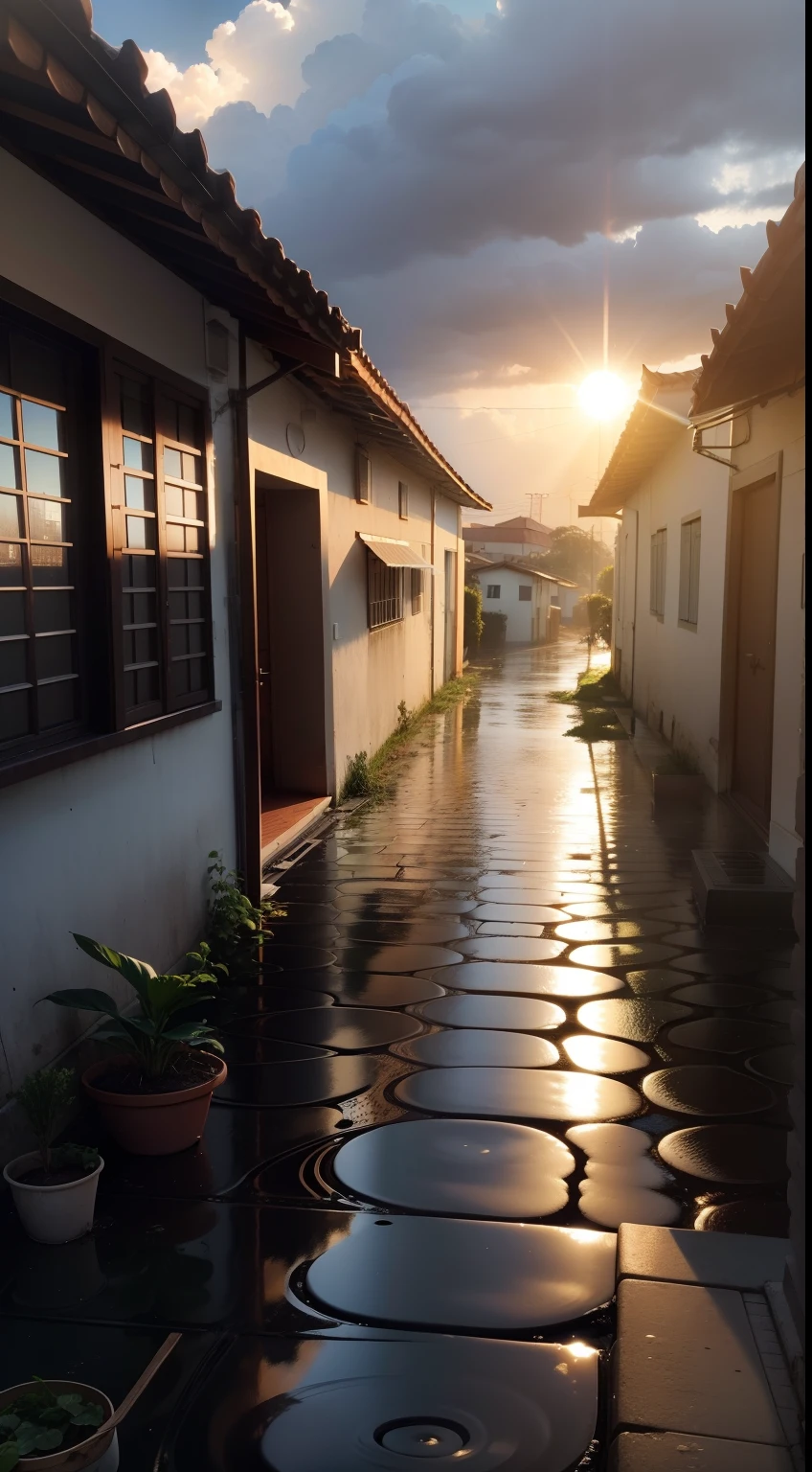 O Sol saindo no meio da tempestade, cinzento, com muita chuva, a luz do sol aparece.