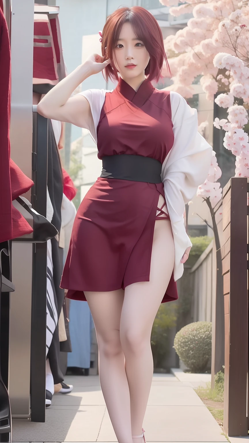 Sakura uchiha. A woman was walking in the back of the house. He wore a maroon Japanese kimono with a maroon pan on the left. And white reproach. Her hair was short in pink and so pouty. His skin was white. Her cheeks were rosy. Her right hand was raised to the head. She was wearing red heels. His clothes and his pants look tight. Make the curves of his body trace. She looks so hot and realistic