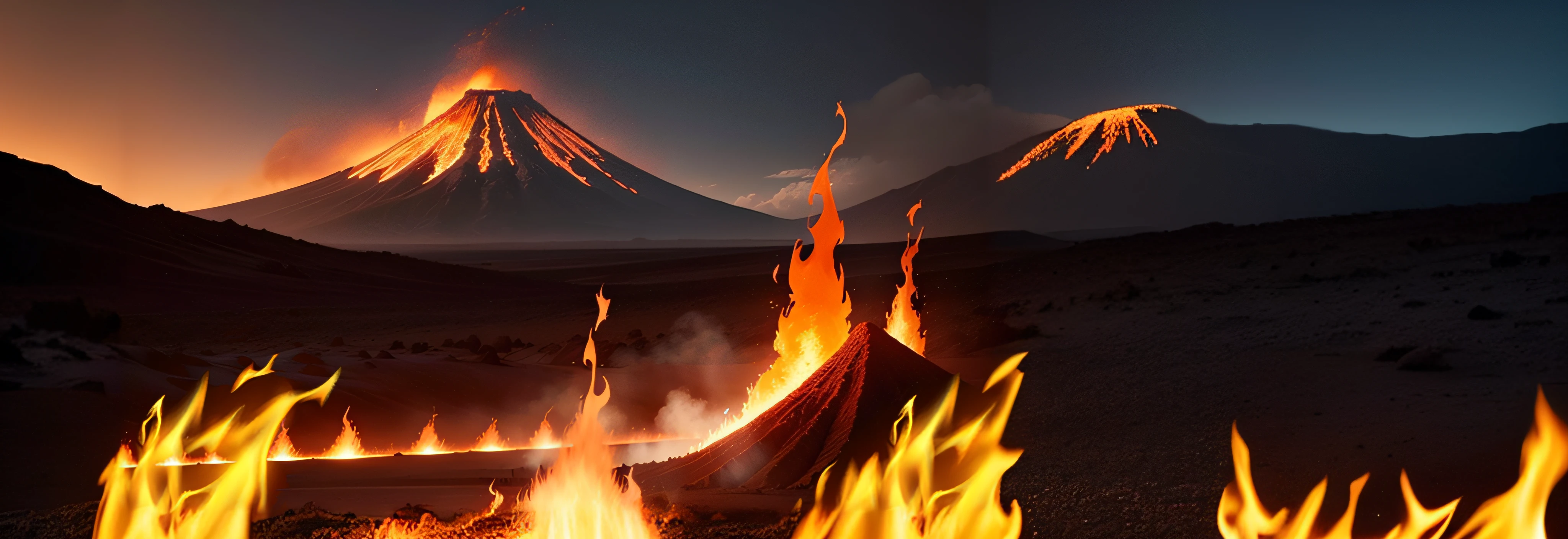 There is 1 volcano in the distance with a lot of fire coming out of it, em frente ao deserto ardente, montanha em chamas, correntes de lava vermelhas brilhantes, bright puddles of lava, fogo ardente e lava brilhante, muito fogo, fogo alto, labaredas de fogo, bela paisagem de lava, fogo e lava , fluxos de lava quente brilhante, Amazing volcanic eruption, Dramatic lighting of fire glow, dramatic lighting of fire, fogo, chamas, muito fogo, fogo, brasa queimando, calor intenso, fire, fire