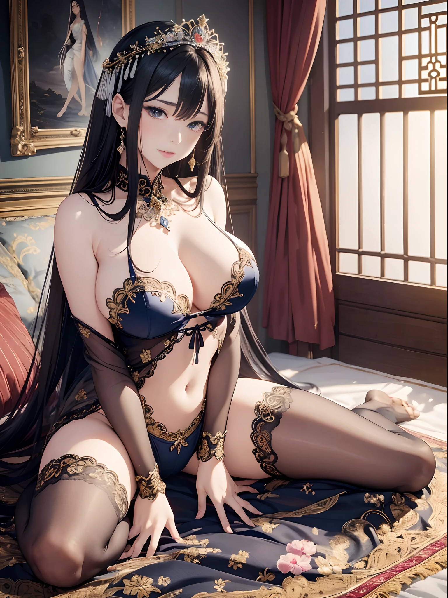 （Enrich the picture，Masterpiece level quality）Beautiful 8K CG artwork，Goddess-like posture，Kneeling exercise，Slim and soft，Translucent skin，Black hair、The beauty of extra-long hair, Super Long Straight Hair，The skin is fair and juicy，Underwear uniforms，Perspective Part 1.2x enhanced silhouette effect，Exquisite transparent blues pattern in pajamas，The details are intricate and exquisite，The background is slightly blurred，Charming and lustful leg seduction，Drool，Extra-large big breasts，Blush，Japan goddess，Perfect body slim curves，Five fingers on the hand，