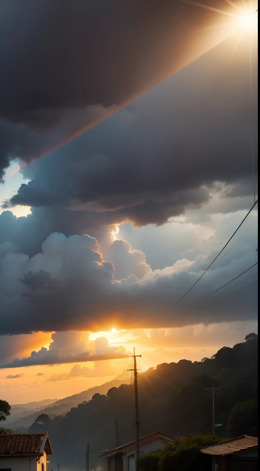 O Sol saindo no meio da tempestade, cinzento, com muita chuva, a luz do sol aparece.