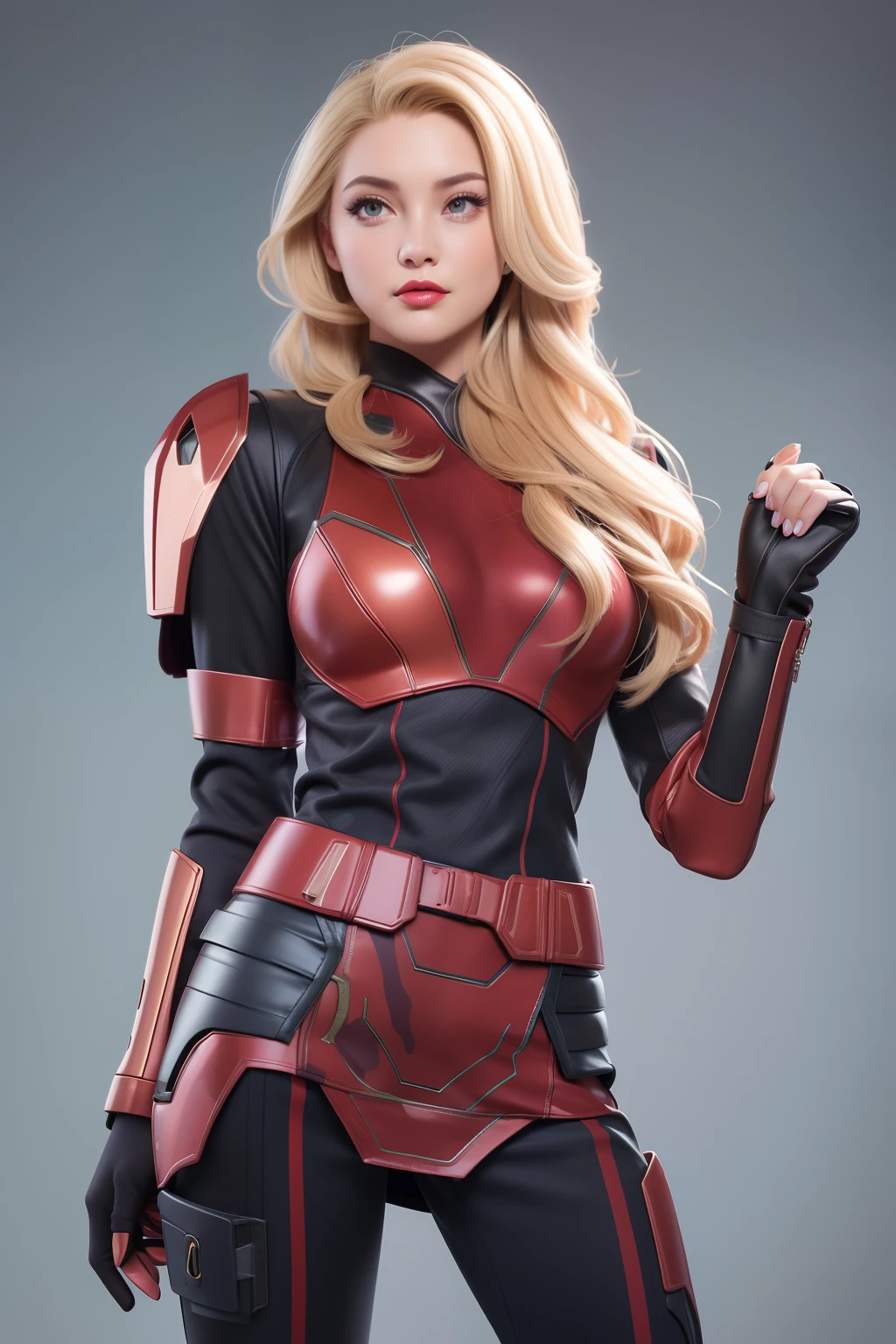 Beautiful Face Woman、a blond、Iron camouflage pattern background、 Beautuful Women、18year old、prety woman、hyper realistic photography、High-definition photos、red lipsticks、Mandalorian style miniskirt suit in metal armor、The skin is not very exposed、Do not cut your head off the screen、Camouflage skirt、Facing the front、