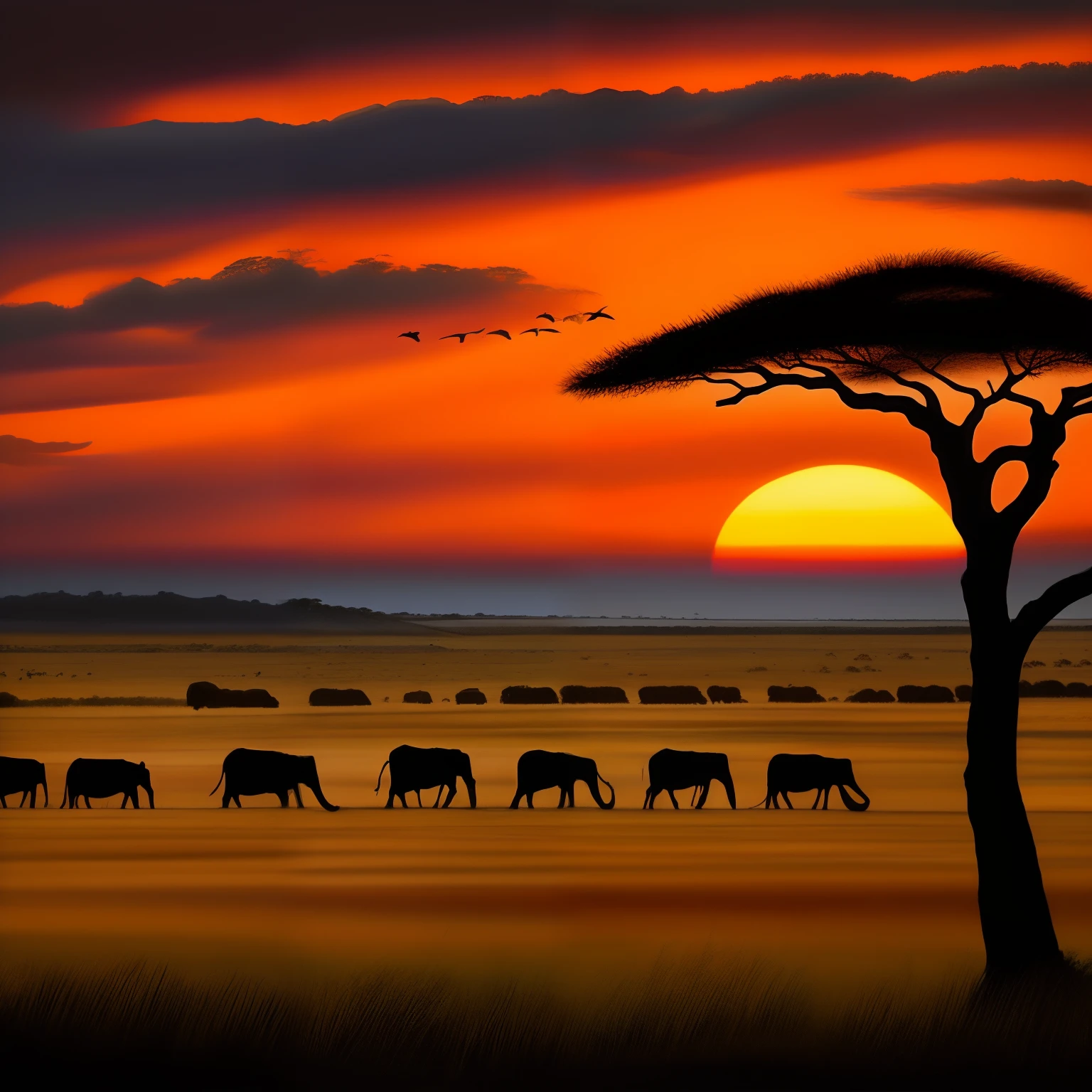 Detailed safari sunset on black background by Martin Johnson Hyde, art stations