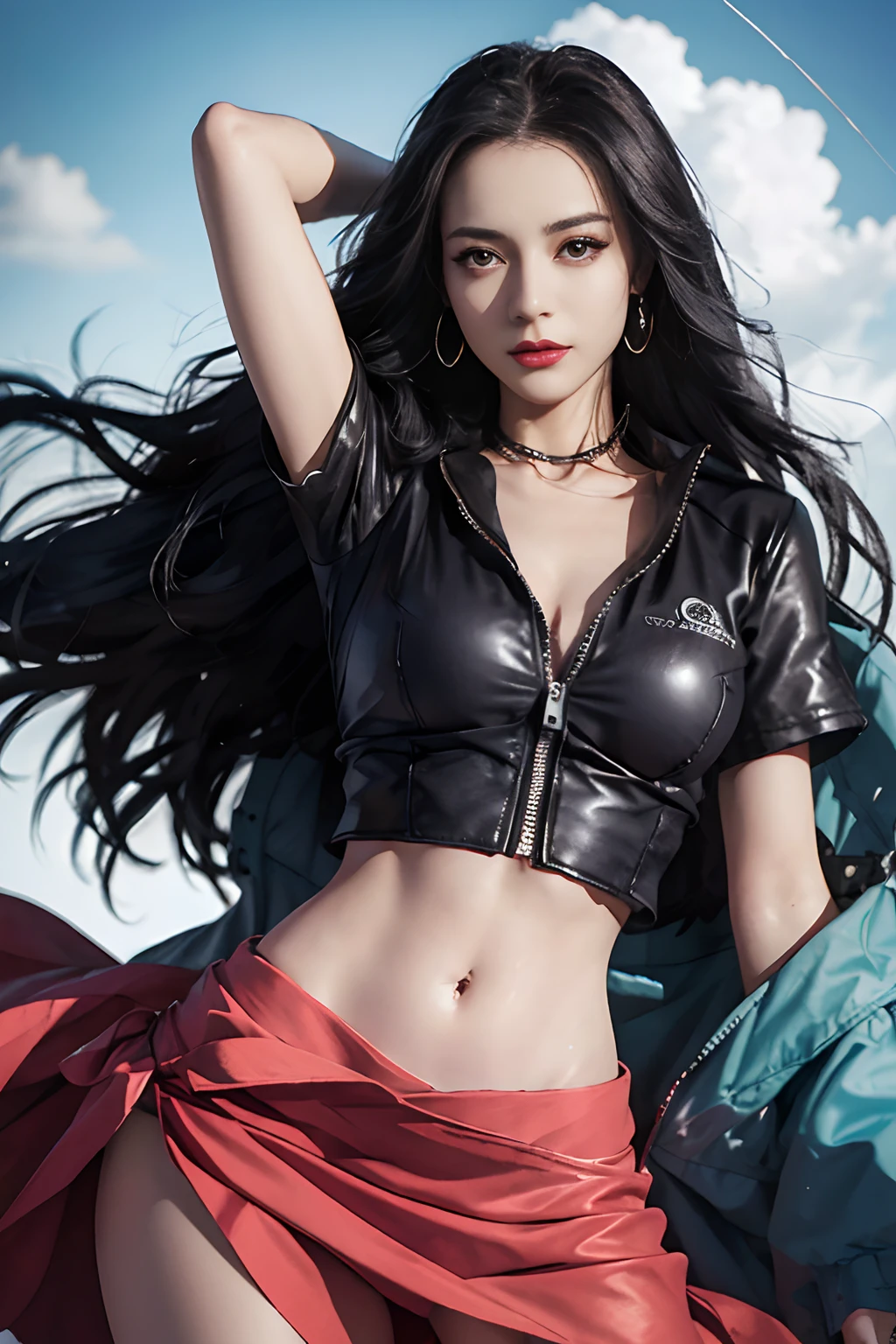 (((masutepiece+Best Quality+High resolution+Ultra-detailed))), Nico Robin\(One piece\), long silky black hair, High Nose, Sharp eyes, noble and inviolable temperament, (([Female]: 1.2 + [Beauty]: 1.2 + Black Long Hair: 1.2)), egypt scriptures background, (One piece), collared jacket, croptop, Midriff, Navel, sarong, Short sleeves, zippers, partially unzipped, Cowboy Shot, aqua eyes, dynamic angle and posture.