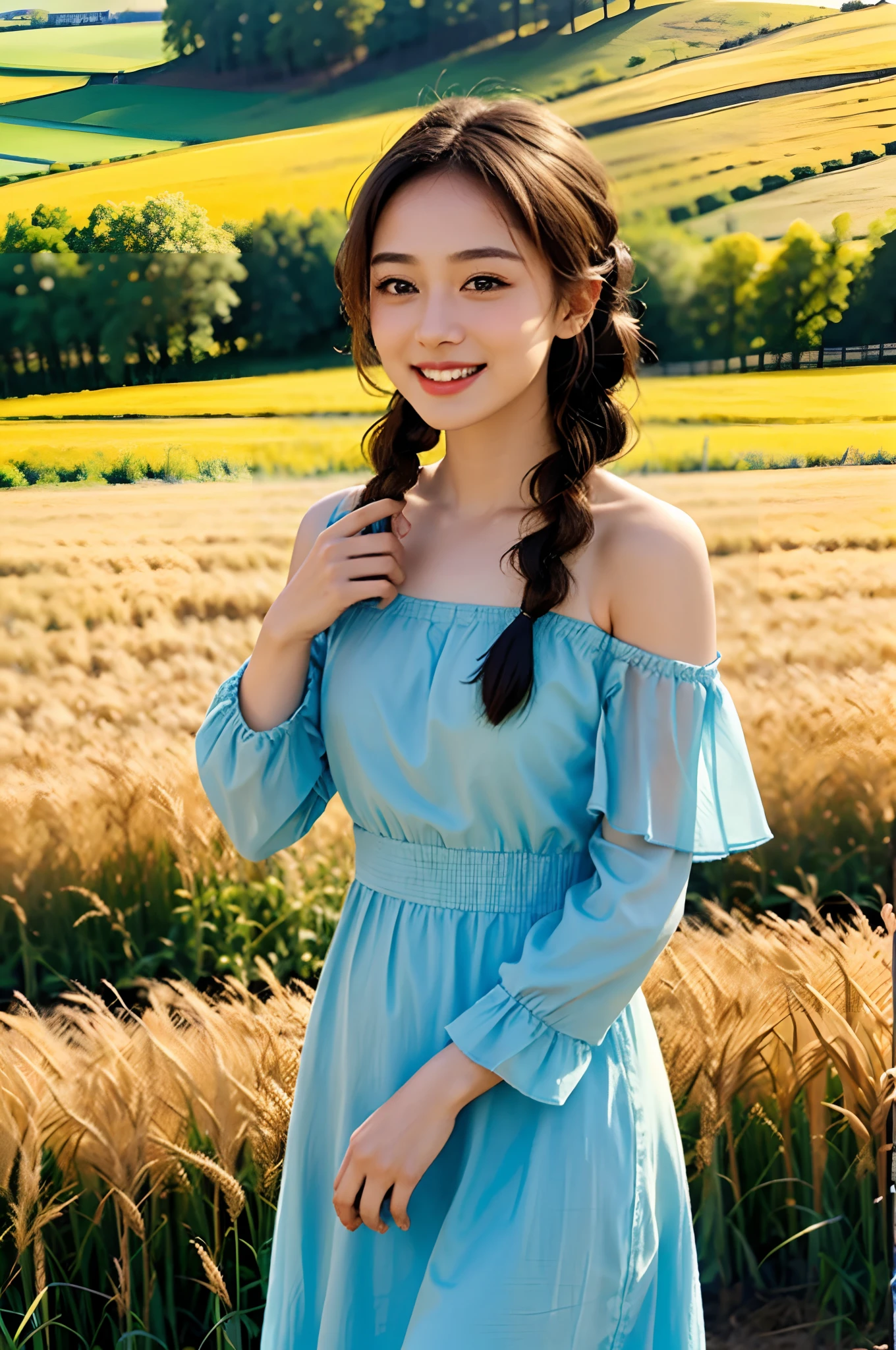 ((master part)), ((best quality)), 8k, High detail, ultra detalhe,
Young 1 girl with braided hair and wearing an off-the-shoulder sun dress standing in the rustic setting of the farm. Ela tem um sorriso suave e gentil, olhos expressivos e pintas de beleza sexy. In the background is a charming barn, Golden wheat fields and clear blue sky. The composition should be bathed in warm prime-time light, with a gentle depth of field and smooth bokeh to accentuate idyllic tranquility. Capture a imagem como se fosse filmada em filme vintage de 35mm para adicionar charme e olhar para o espectador,