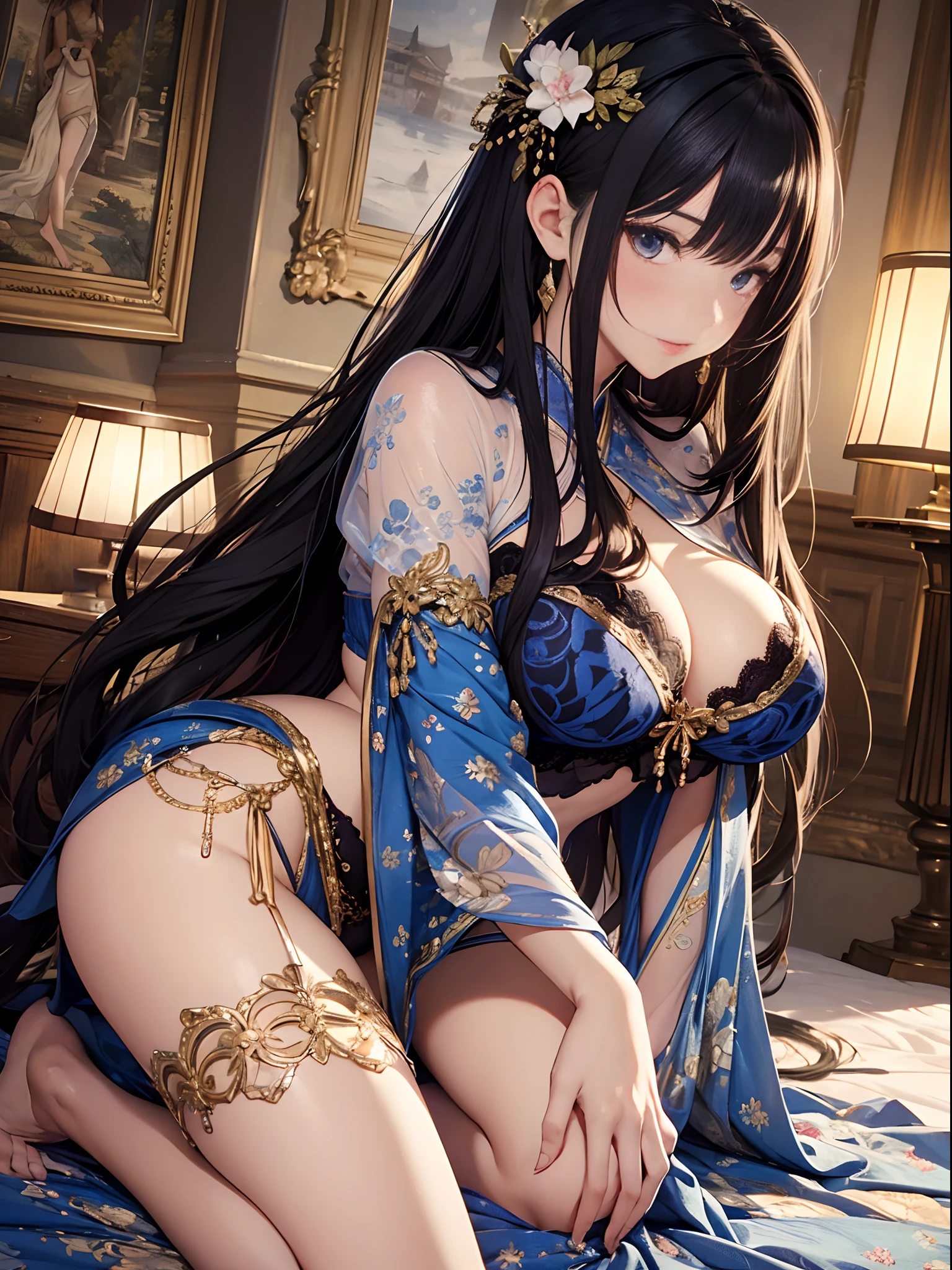 （Enrich the picture，Masterpiece level quality）Beautiful 8K CG artwork，Goddess-like posture，Kneeling exercise，Slim and soft，Translucent skin，Black hair、The beauty of extra-long hair, Super Long Straight Hair，The skin is fair and juicy，Underwear uniforms，Perspective Part 1.2x enhanced silhouette effect，Exquisite transparent blues pattern in pajamas，The details are intricate and exquisite，The background is slightly blurred，Charming and lustful leg seduction，Drool，Extra-large big breasts，Blush，Japan goddess，Perfect body slim curves，Five fingers on the hand，