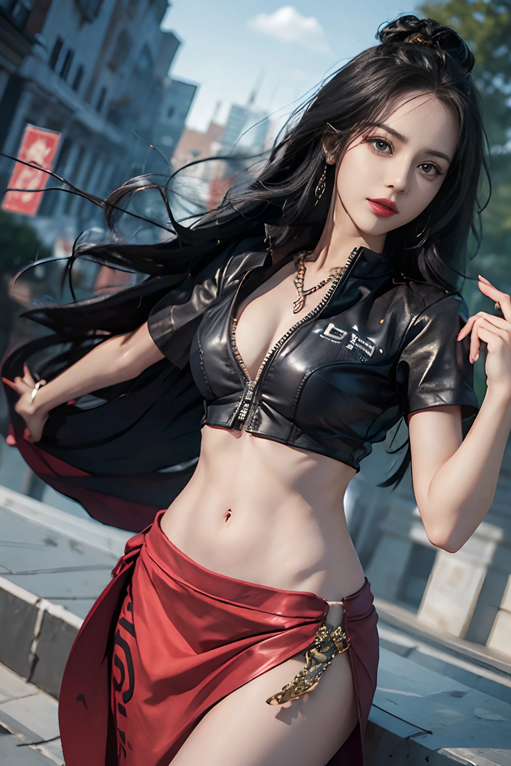 (((masutepiece+Best Quality+High resolution+Ultra-detailed))), Nico Robin\(One piece\), long silky black hair, High Nose, Sharp eyes, noble and inviolable temperament, (([Female]: 1.2 + [Beauty]: 1.2 + Black Long Hair: 1.2)), egypt scriptures background, (One piece), collared jacket, croptop, Midriff, Navel, sarong, Short sleeves, zippers, partially unzipped, Cowboy Shot, aqua eyes, dynamic angle and posture.